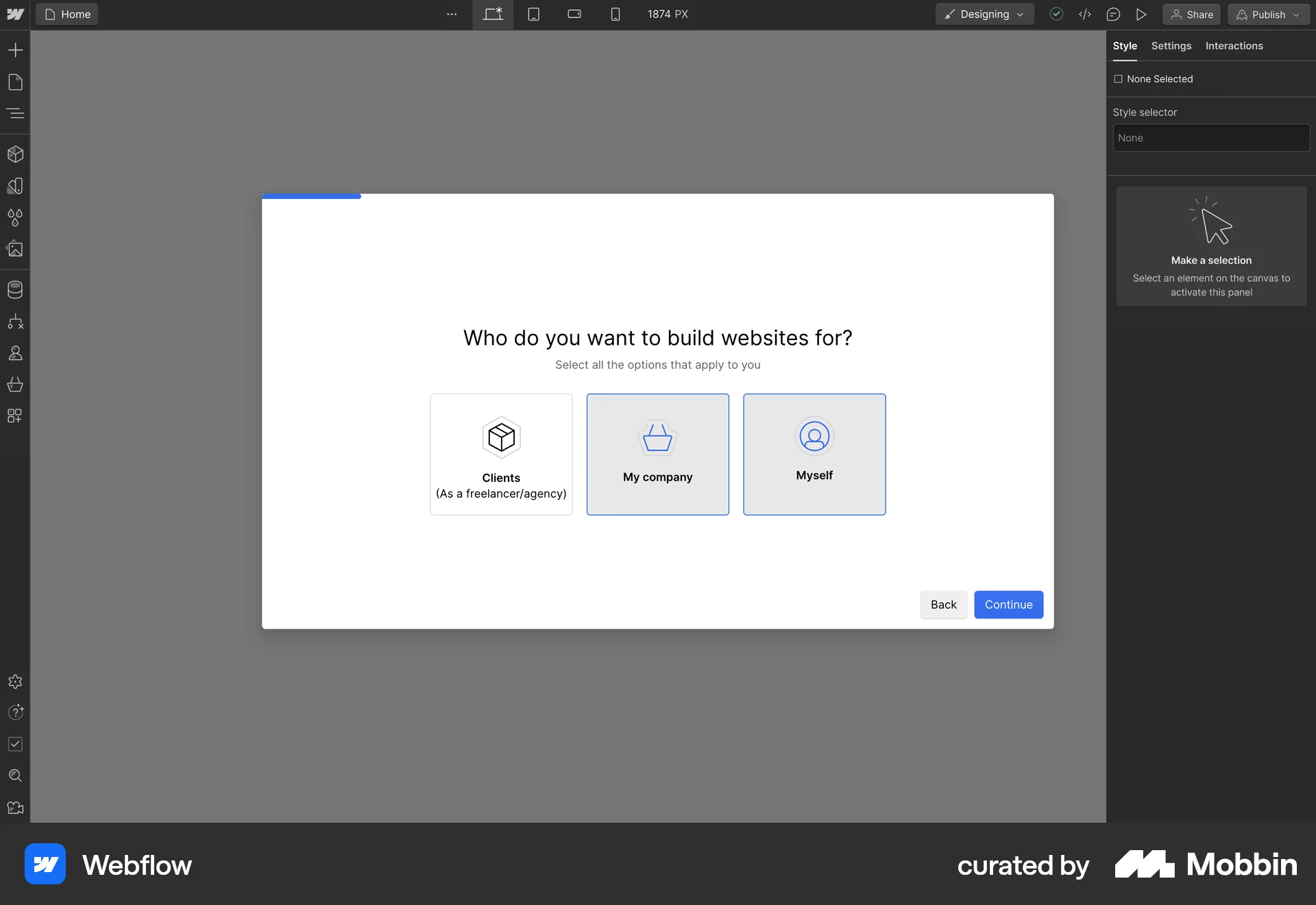Webflow Web Account Setup screen