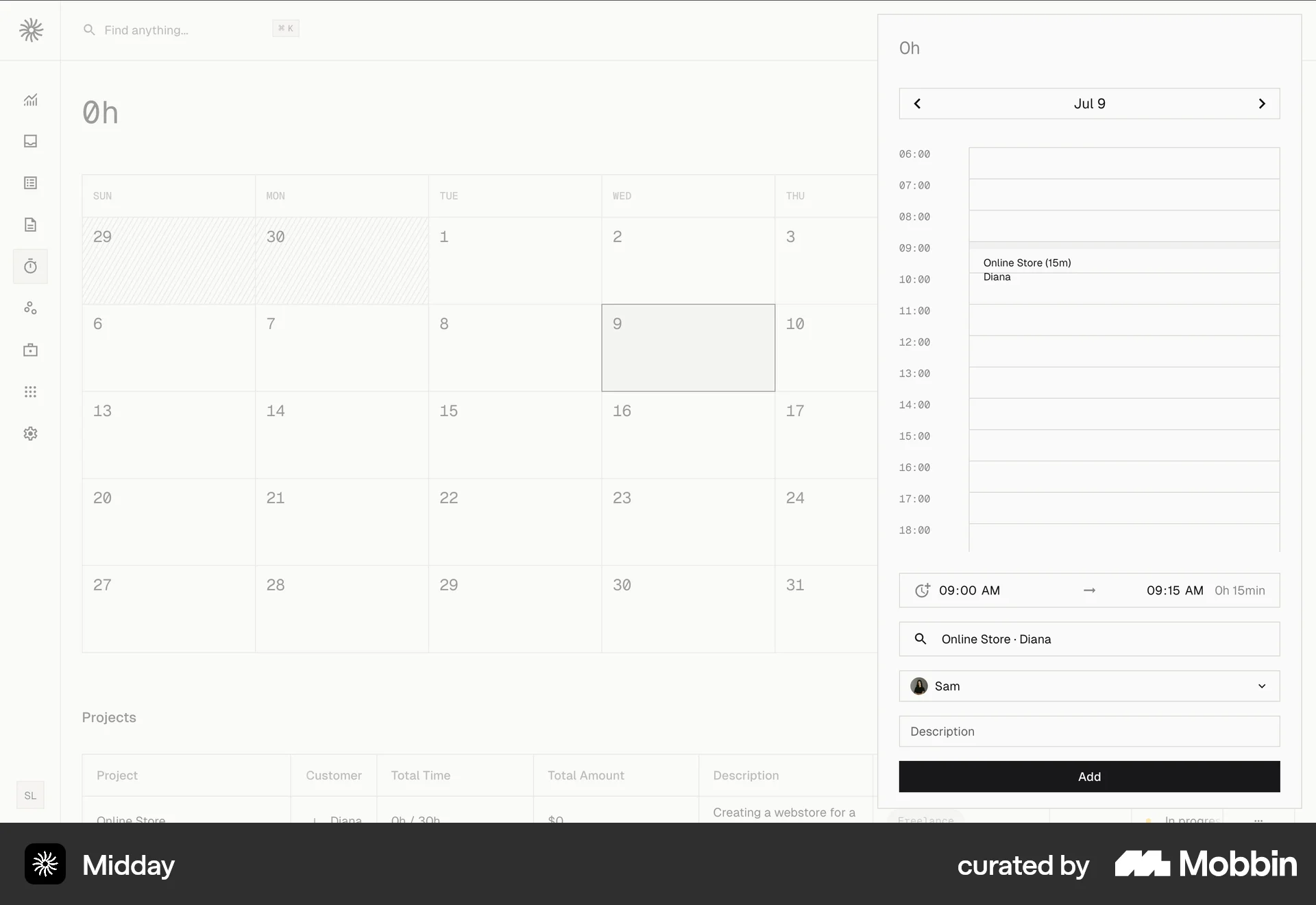 Midday Tracking a project screen