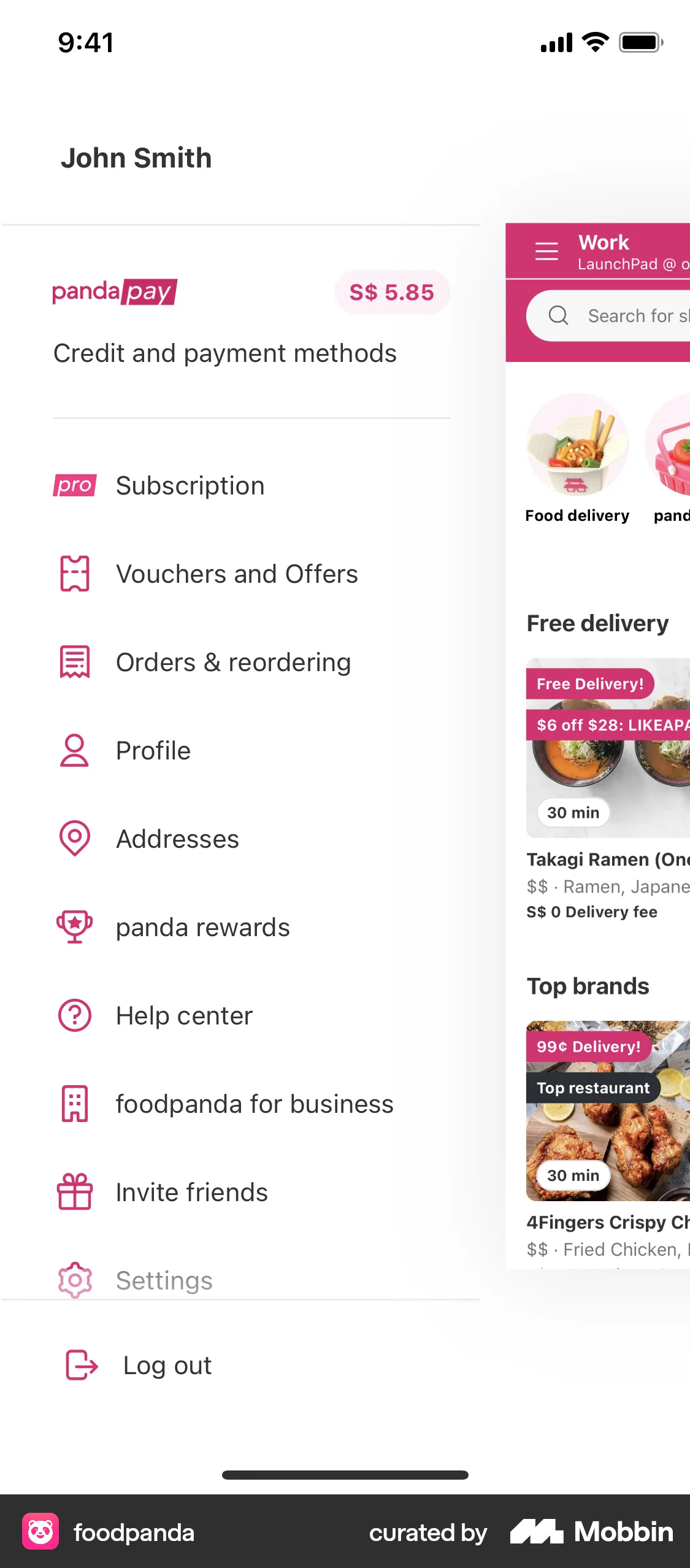 foodpanda iOS screen containing Side Navigation UI element