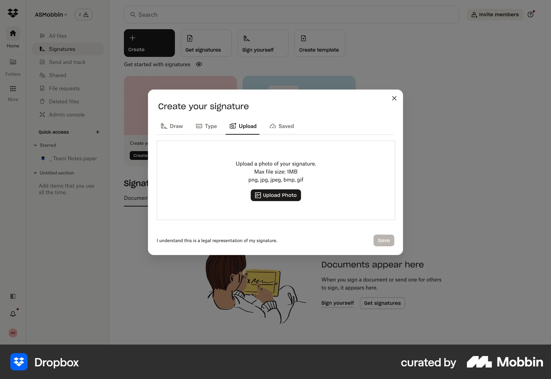 Dropbox Web screen containing File Upload UI element