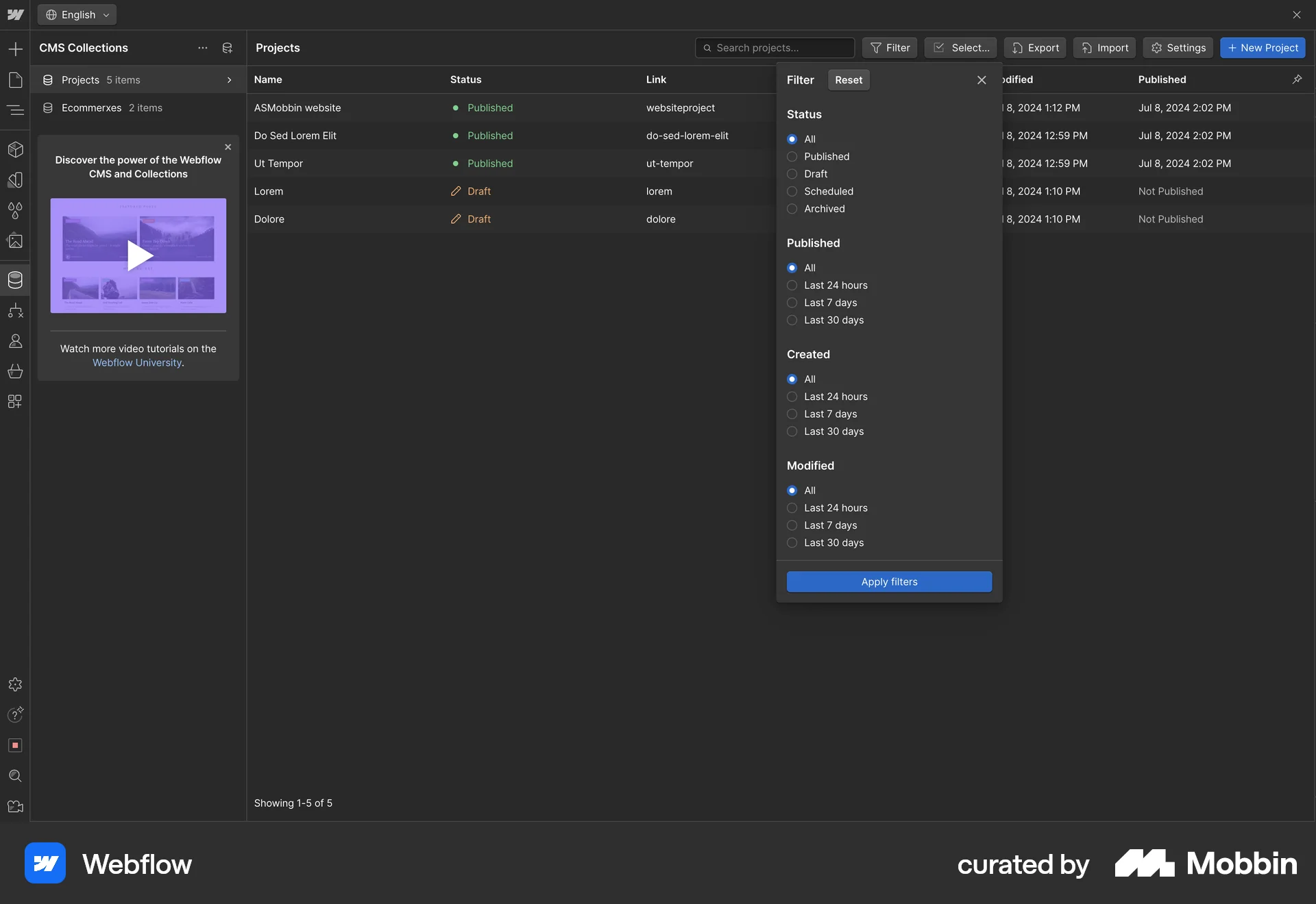 Webflow Web screen containing Filter Panel UI UI element