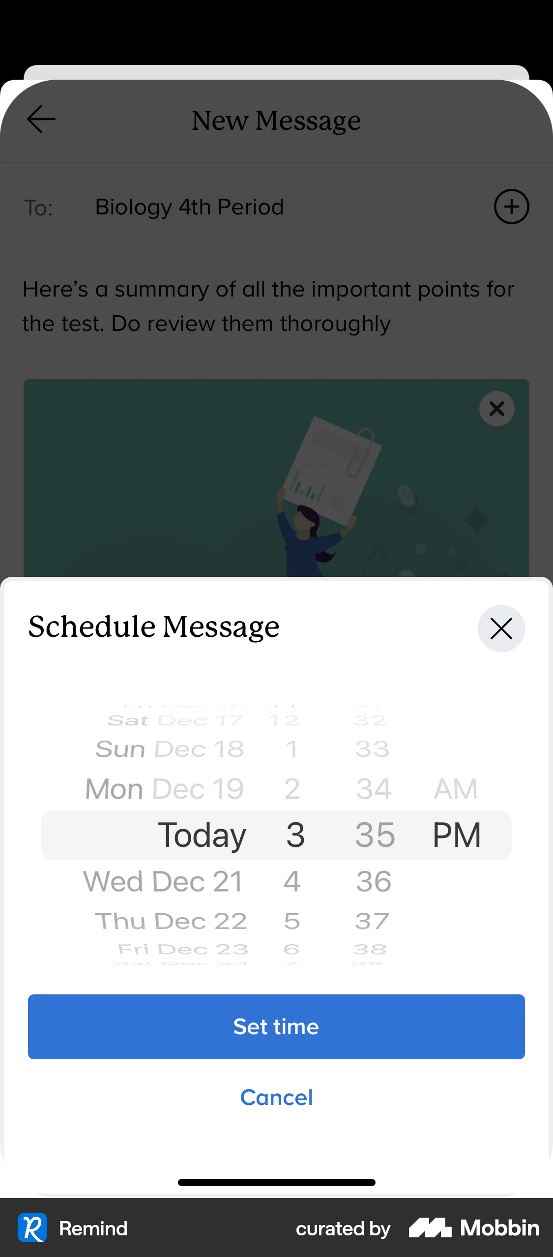 Remind iOS screen containing Time Picker UI element