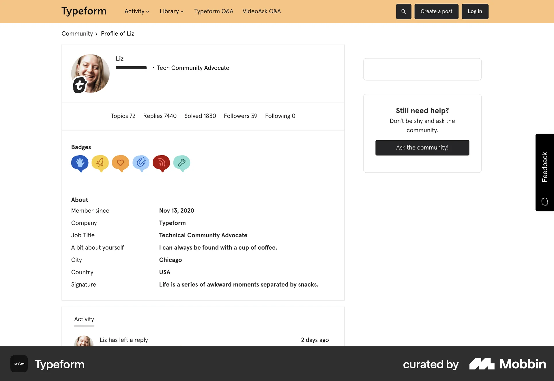 Typeform Web User / Group Profile screen