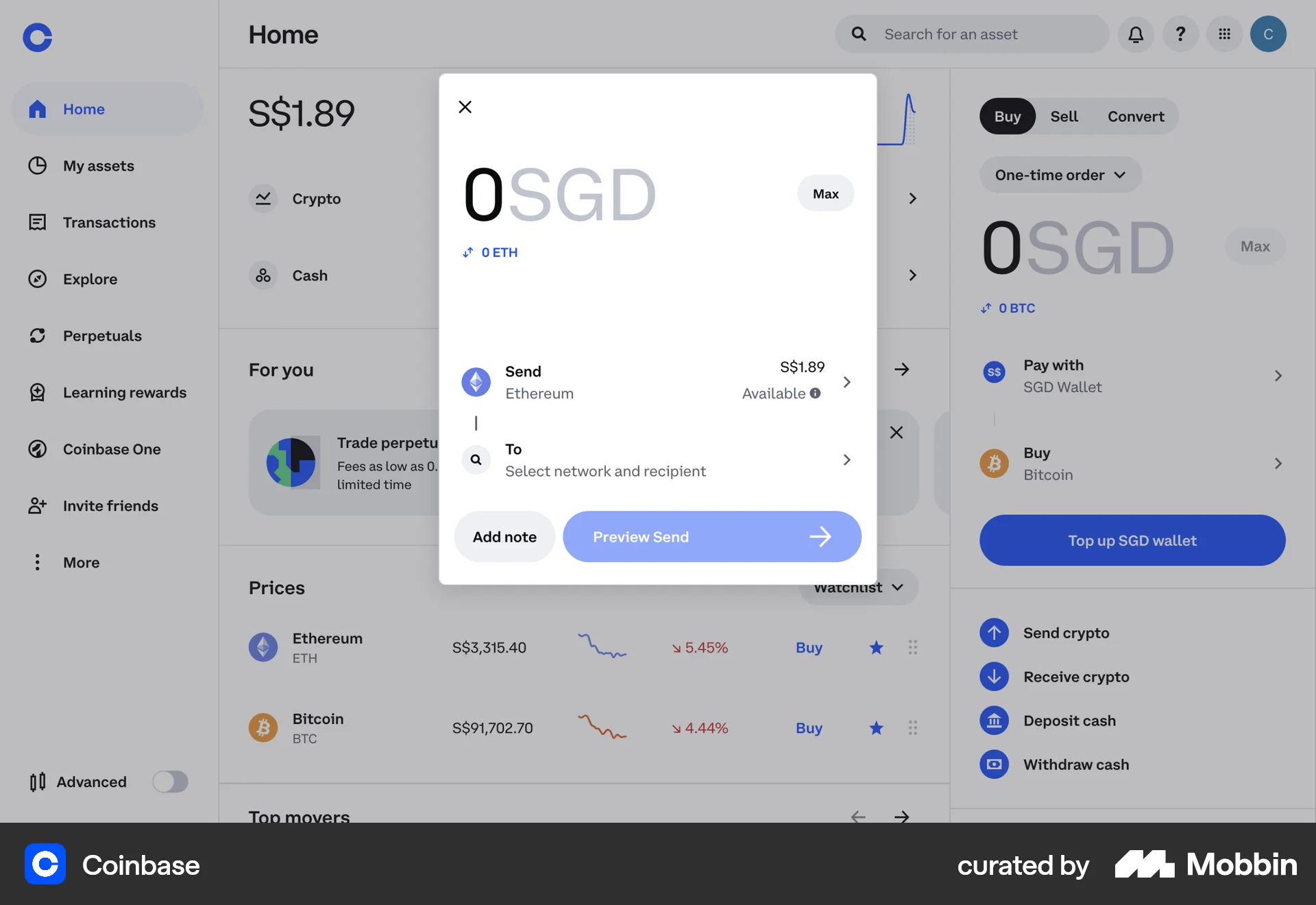 Coinbase Web Transfer & Send Money screen