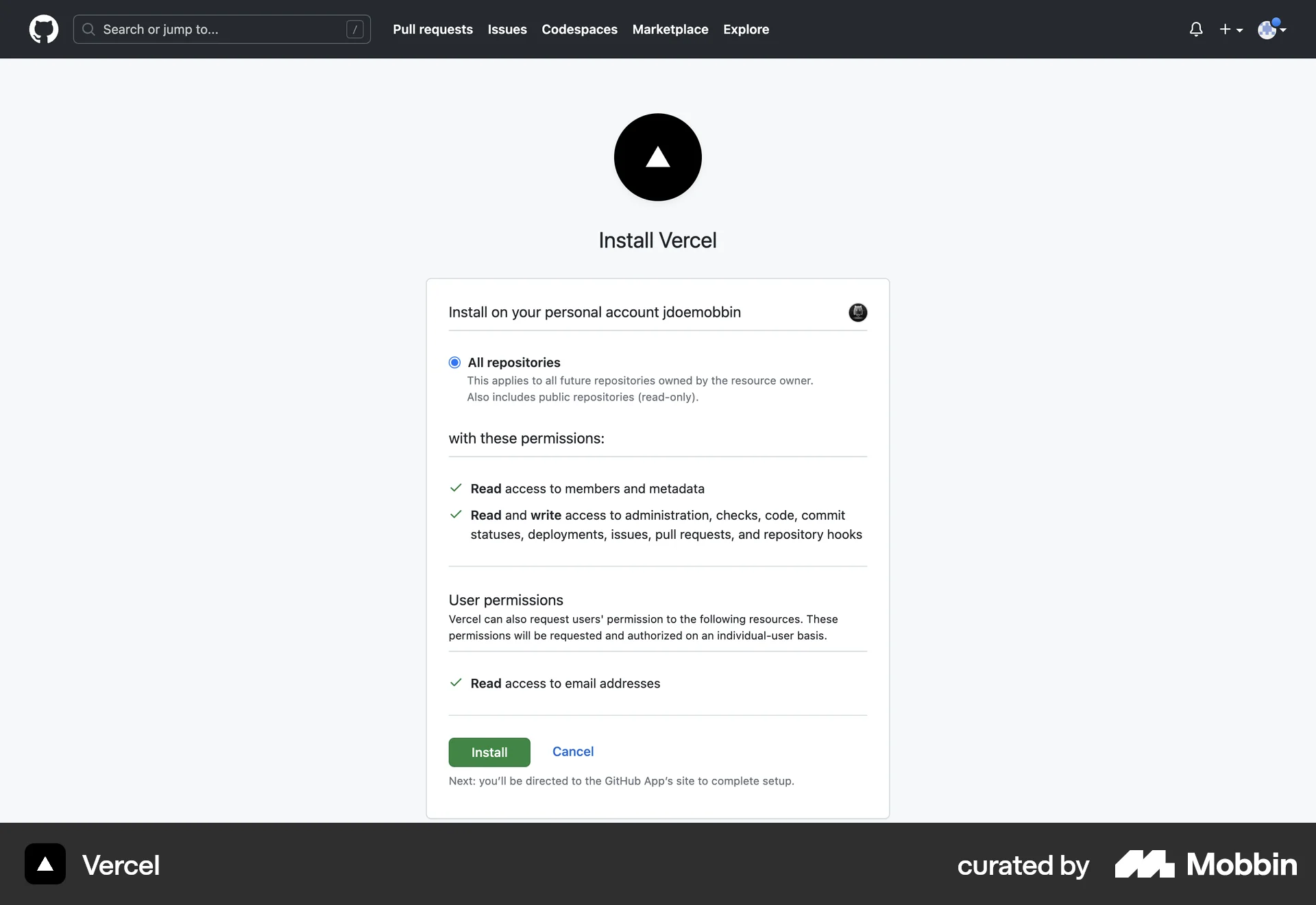 Vercel Web Permission screen