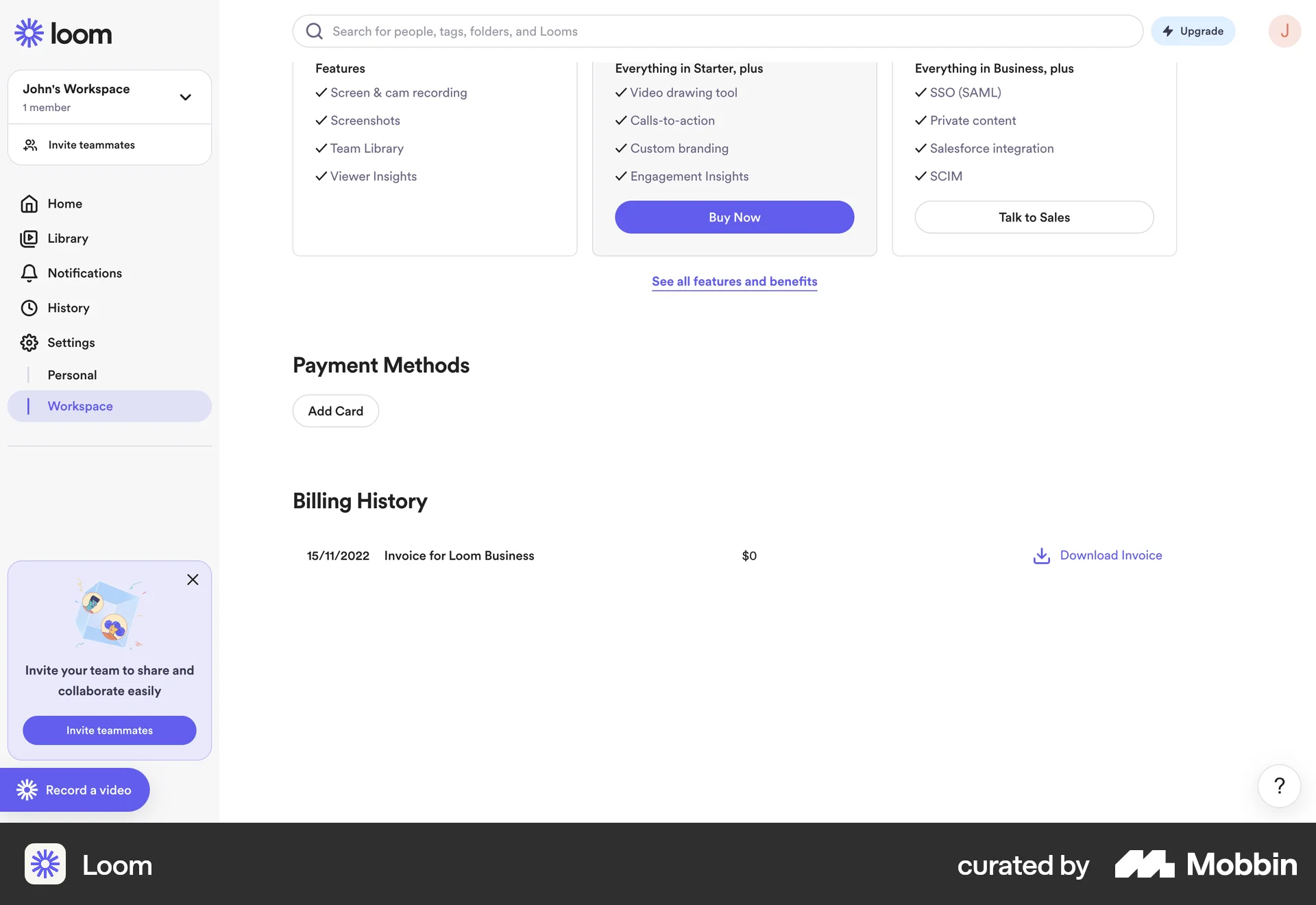 Loom Web Order History screen