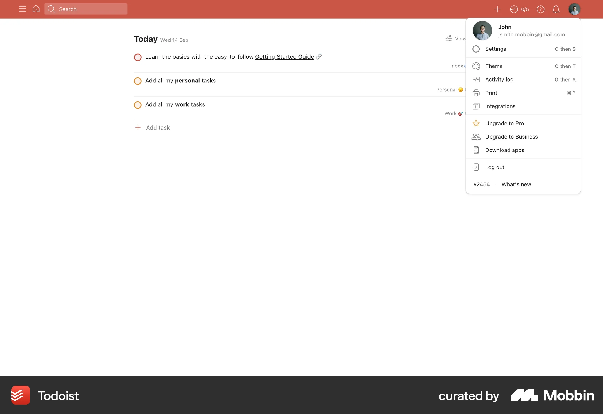 Todoist Web screen containing Keyboard Key UI element