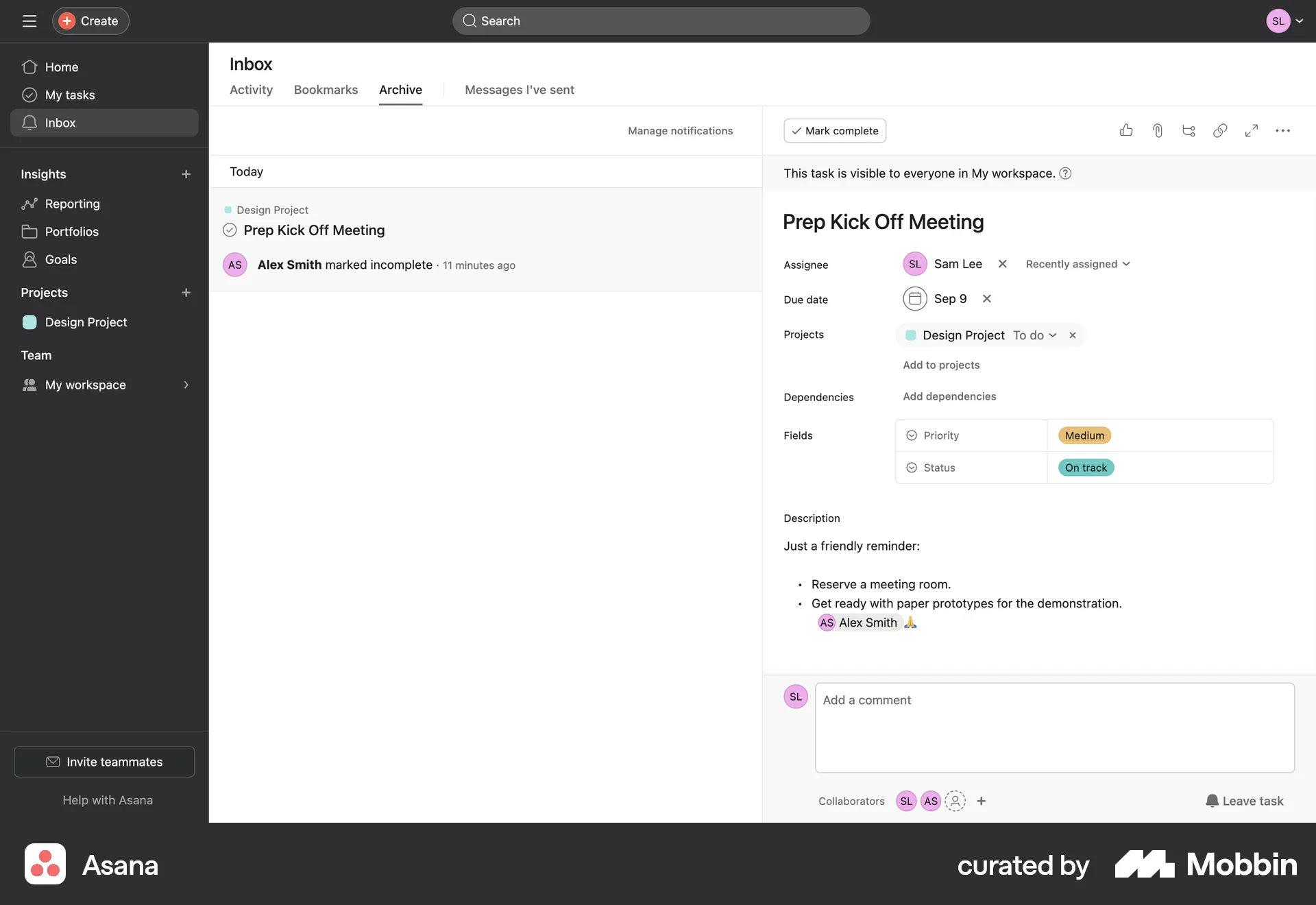 Asana Web Trash & Archive screen