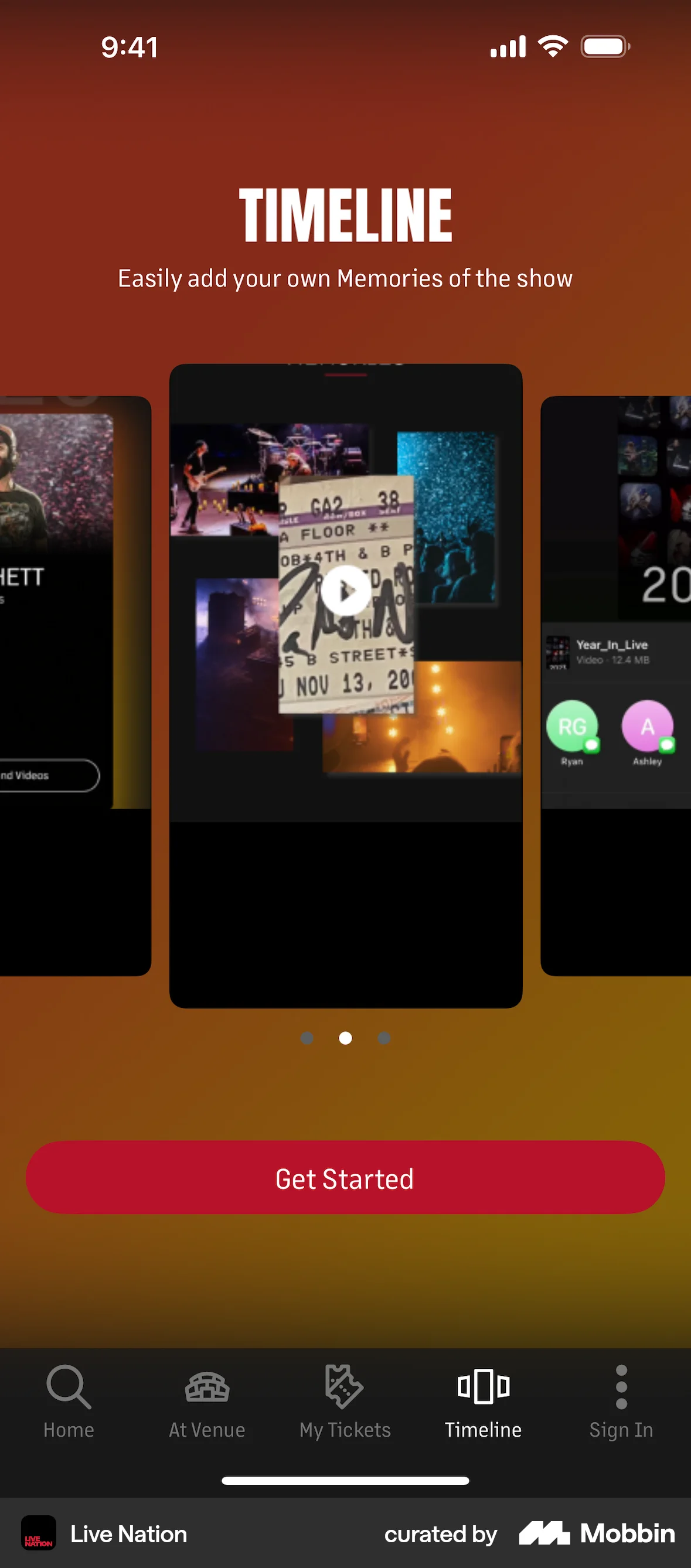 Live Nation iOS Timeline & History screen