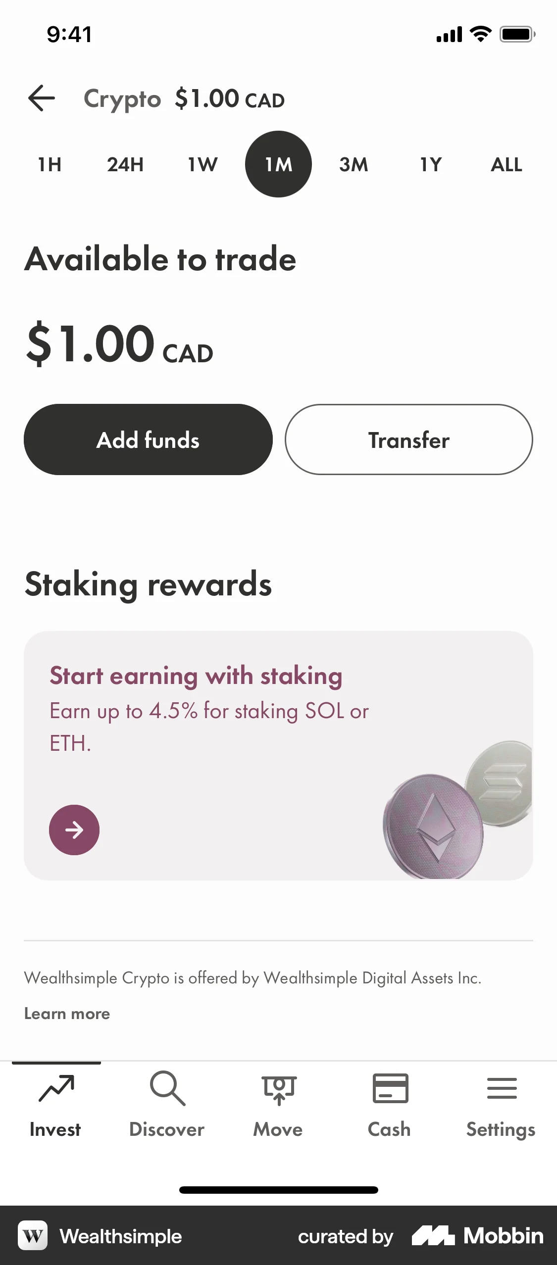 Wealthsimple iOS Wallet & Balance screen