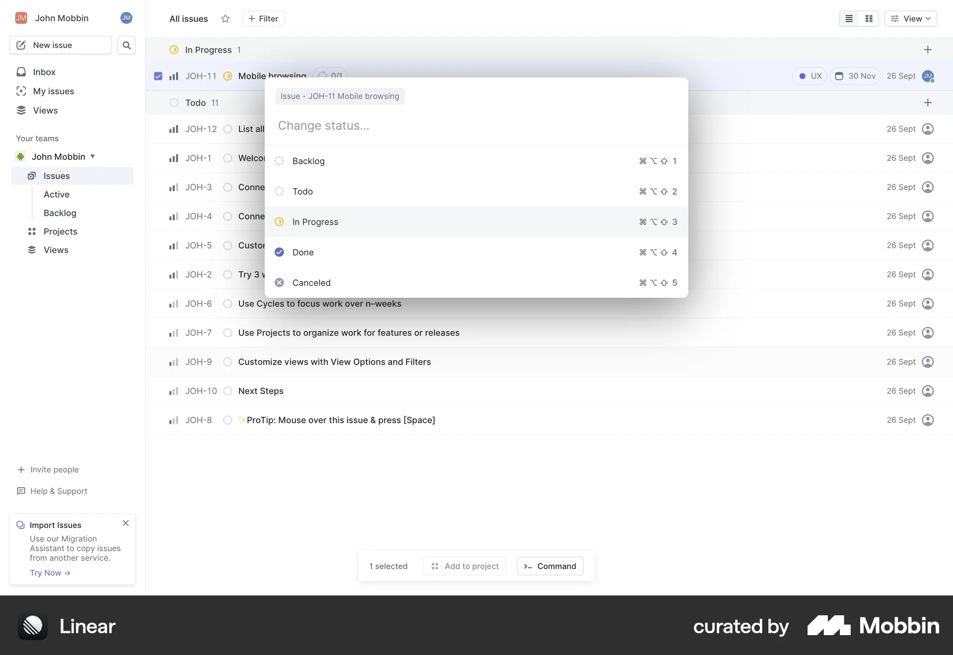 Linear Web Command Palette screen