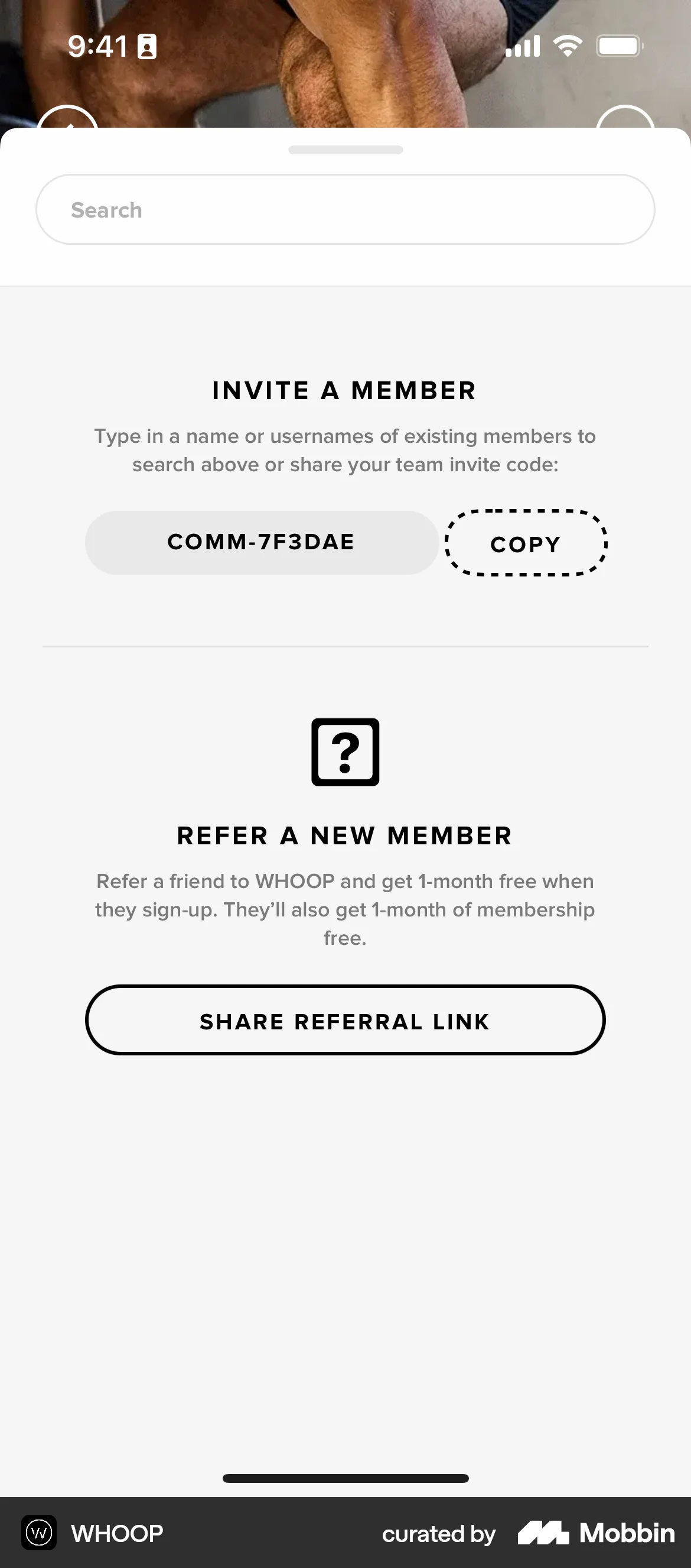 WHOOP iOS Invite Teammates screen