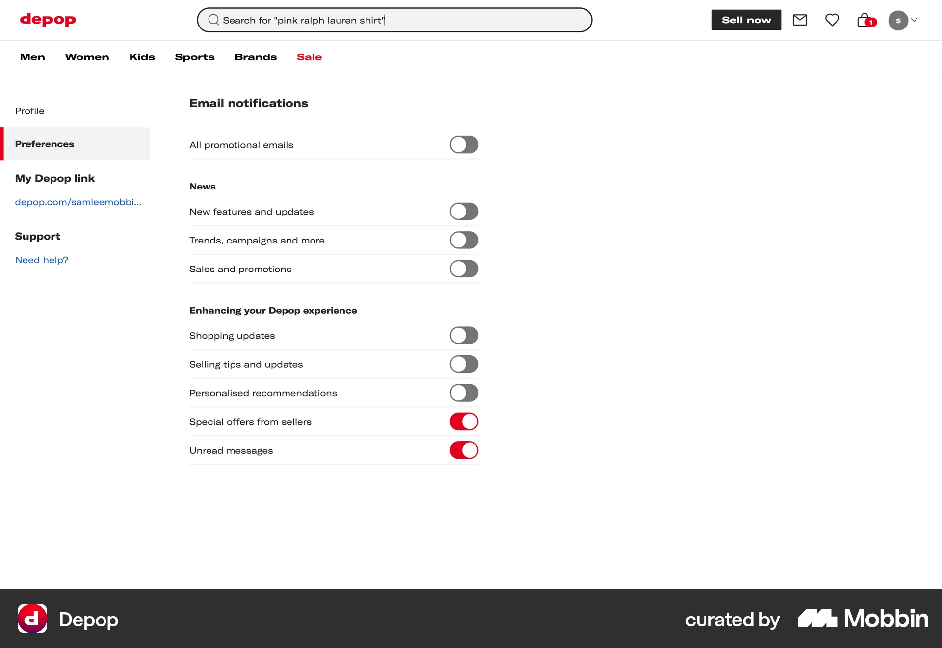 Depop Web Settings & Preferences screen
