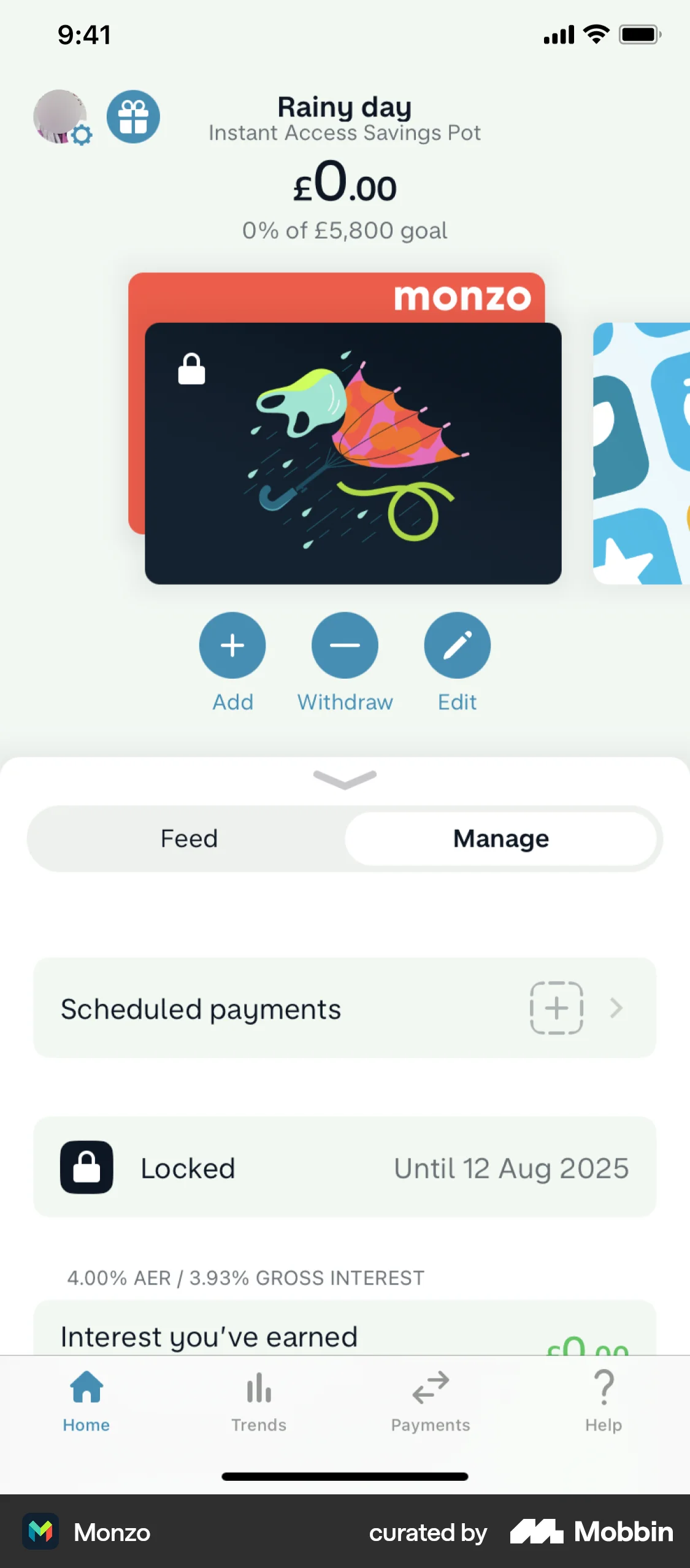 Monzo iOS Wallet & Balance screen