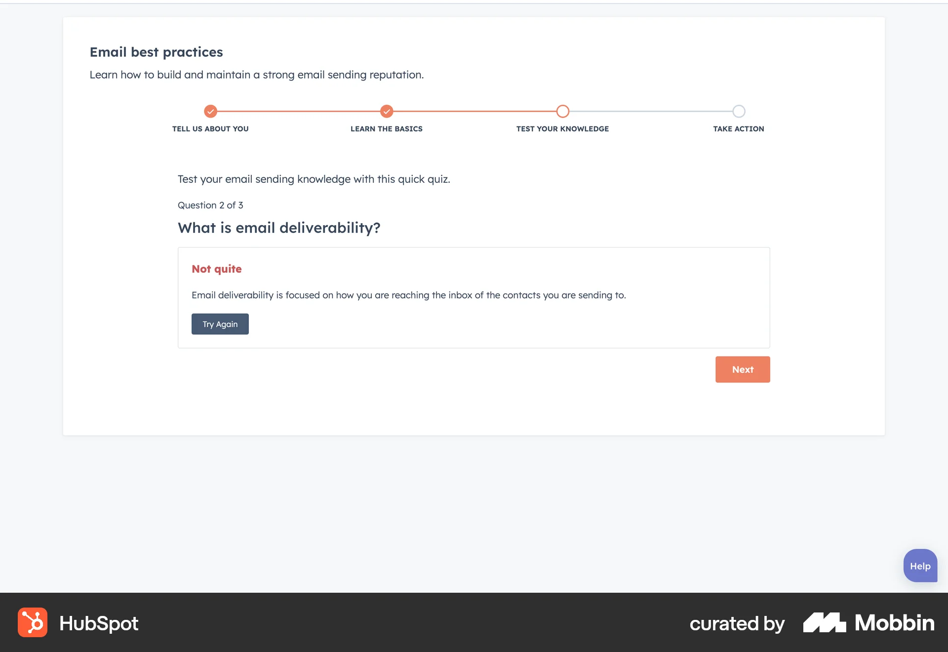 HubSpot Web Quiz screen