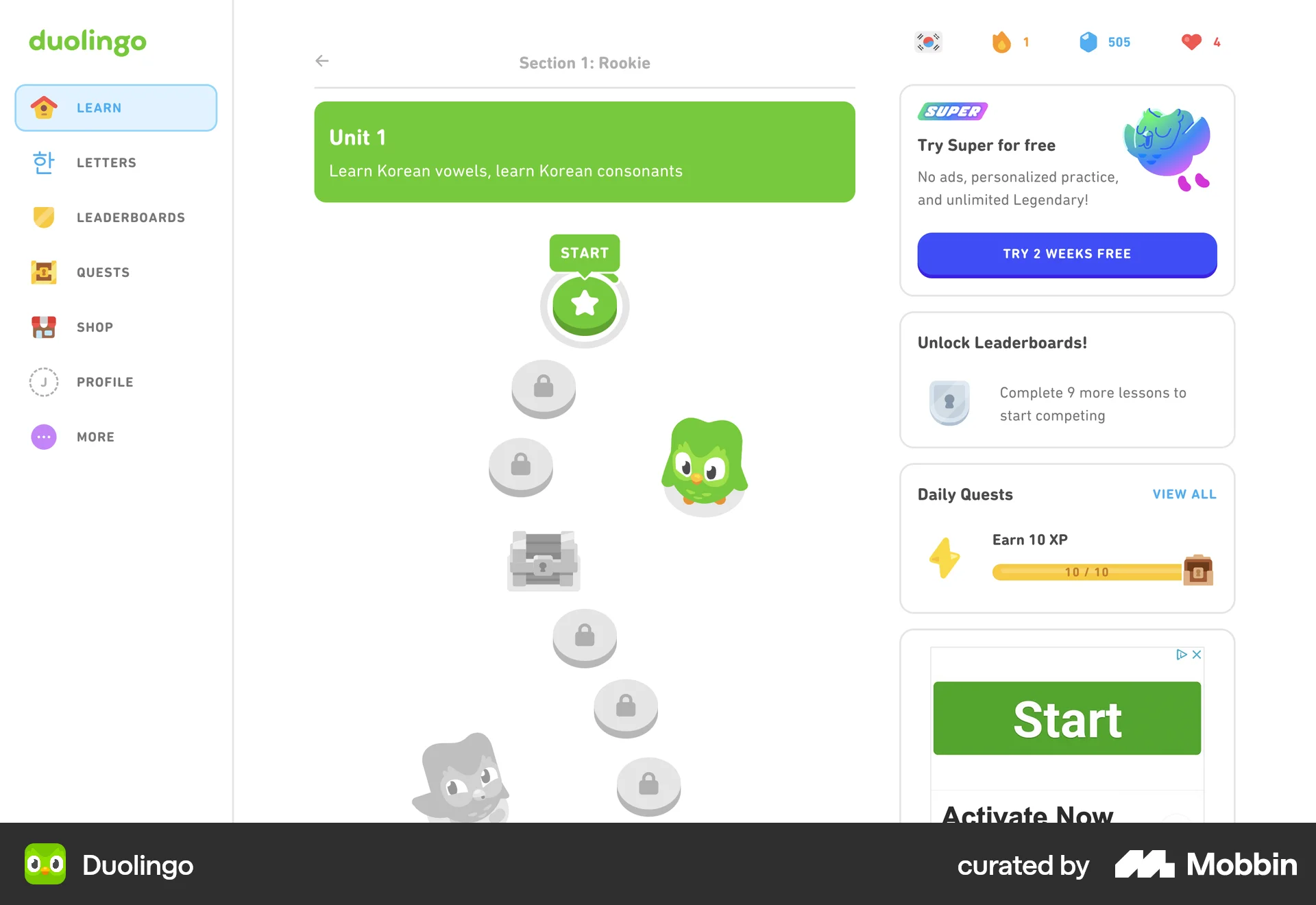 Duolingo Web Goal & Task screen