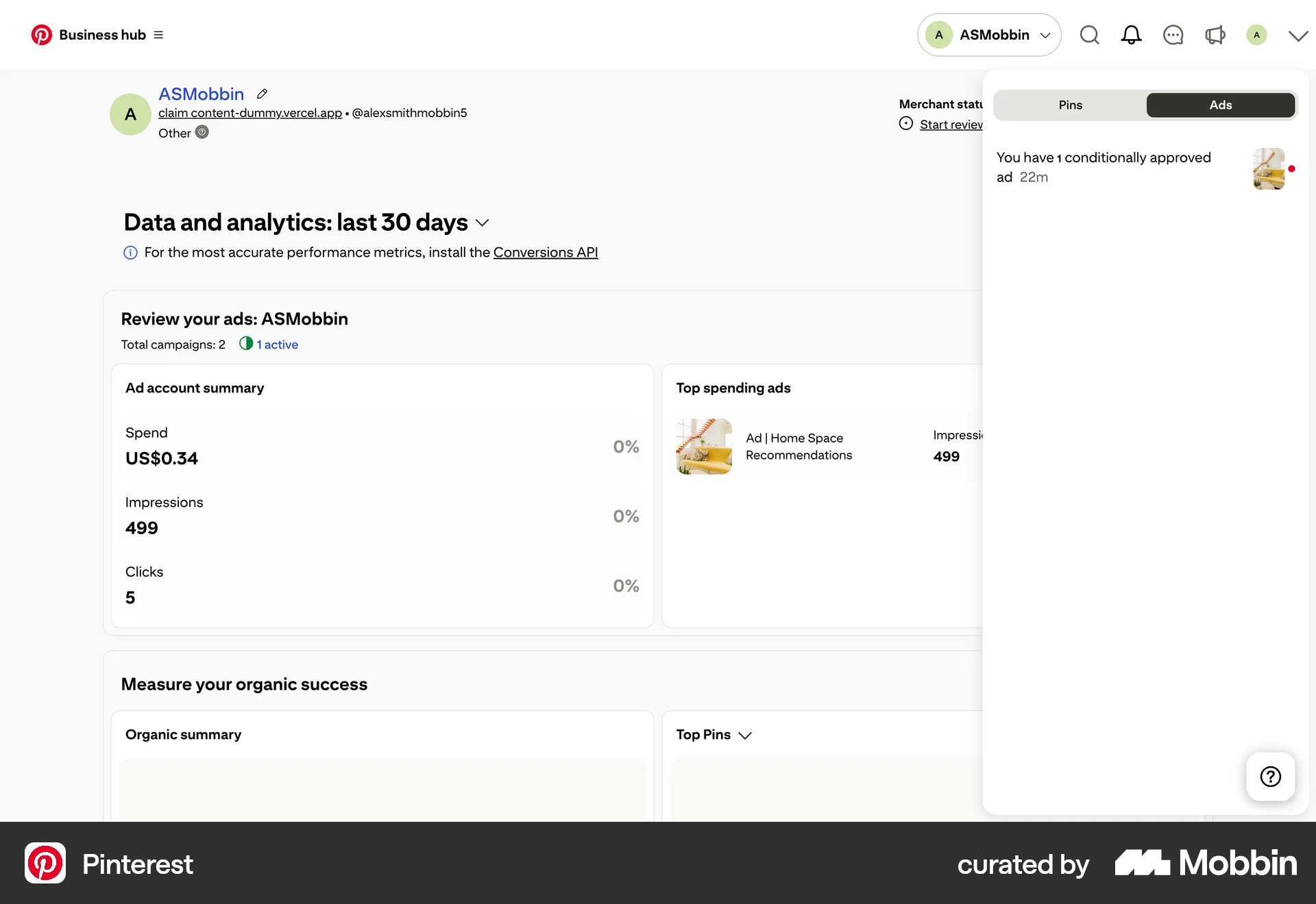 Pinterest Web Notifications screen