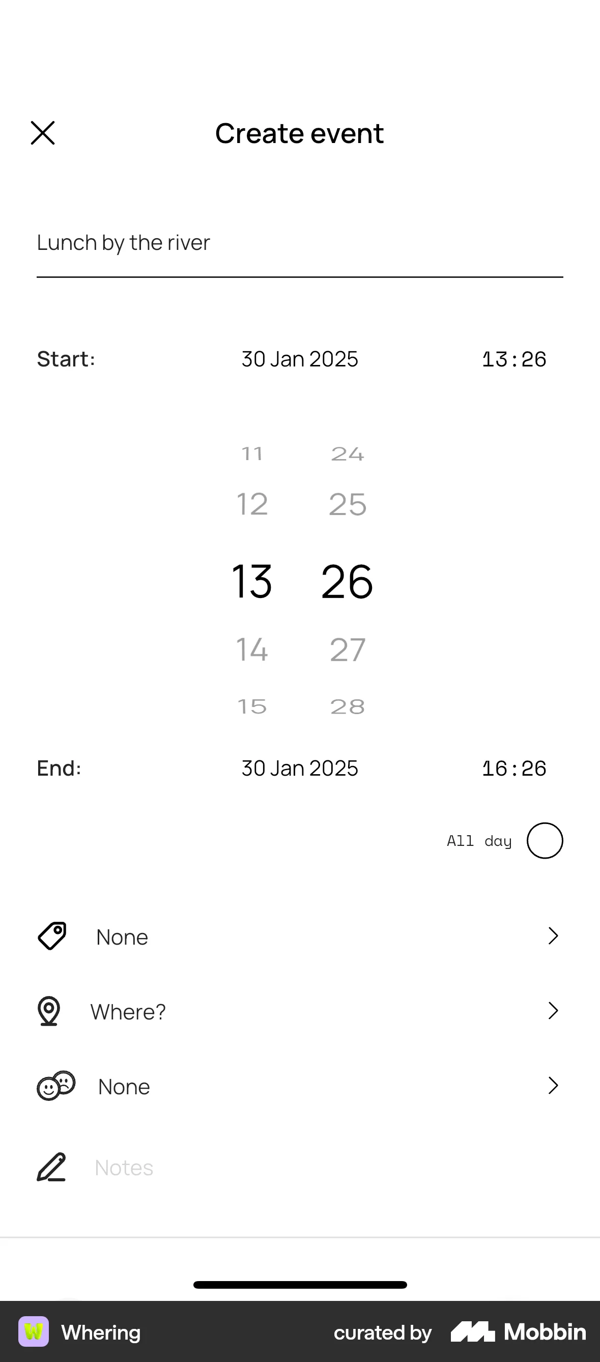 Whering iOS screen containing Time Picker UI element
