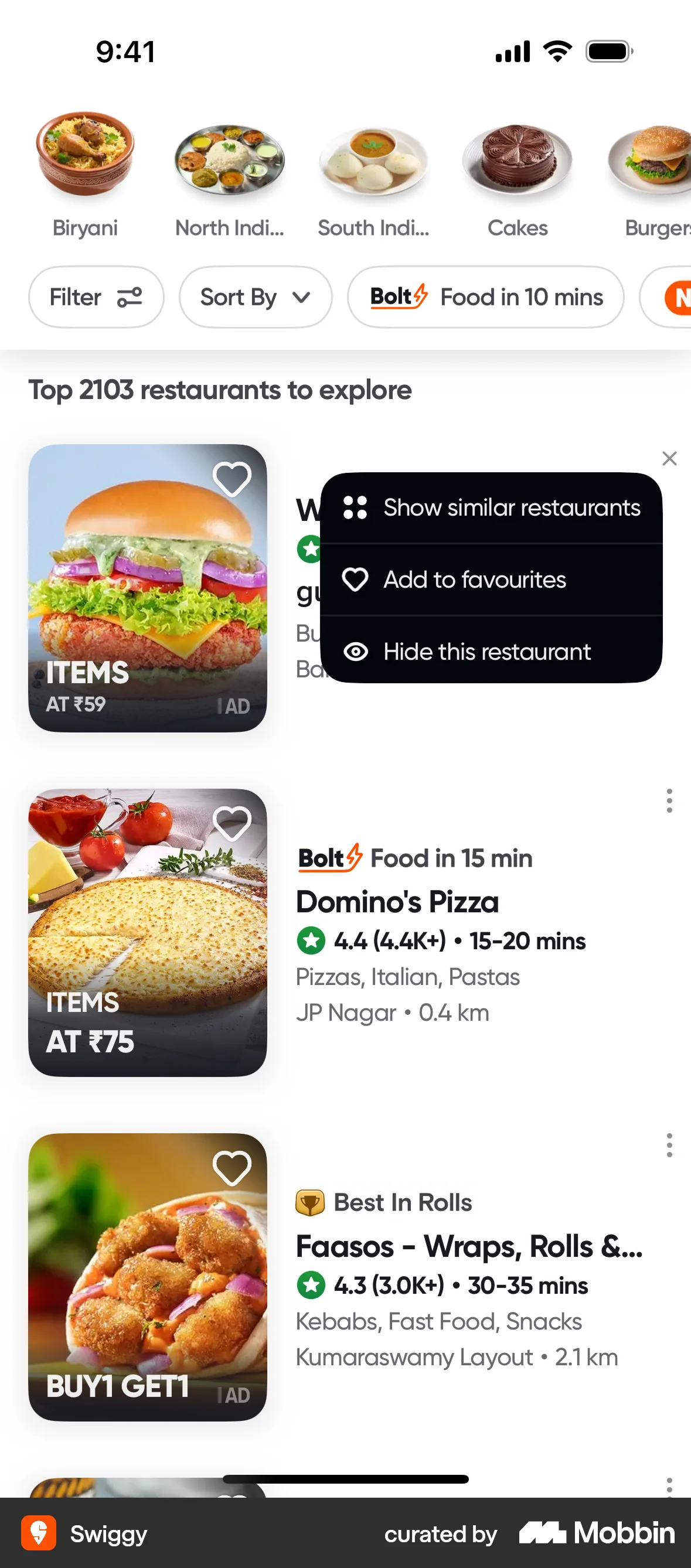 Swiggy iOS Action Option screen