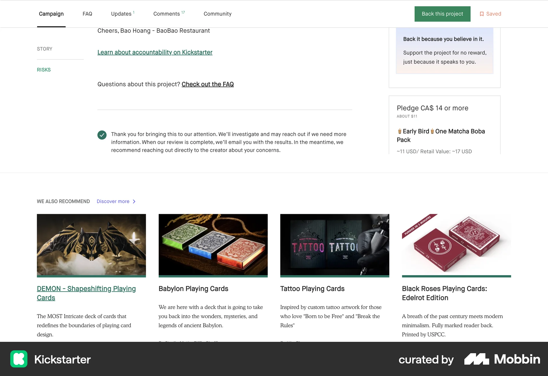 Kickstarter Web Flag & Report screen