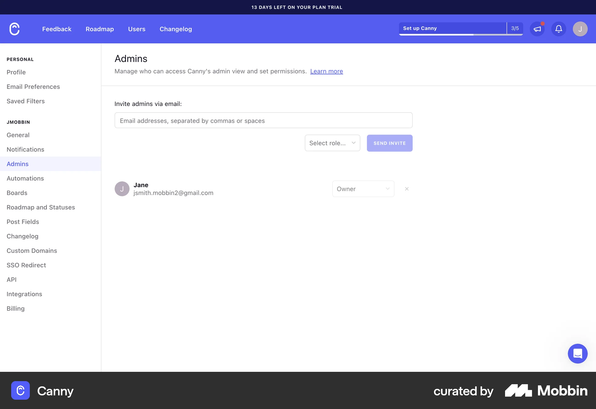 Canny Web Admin UI screen
