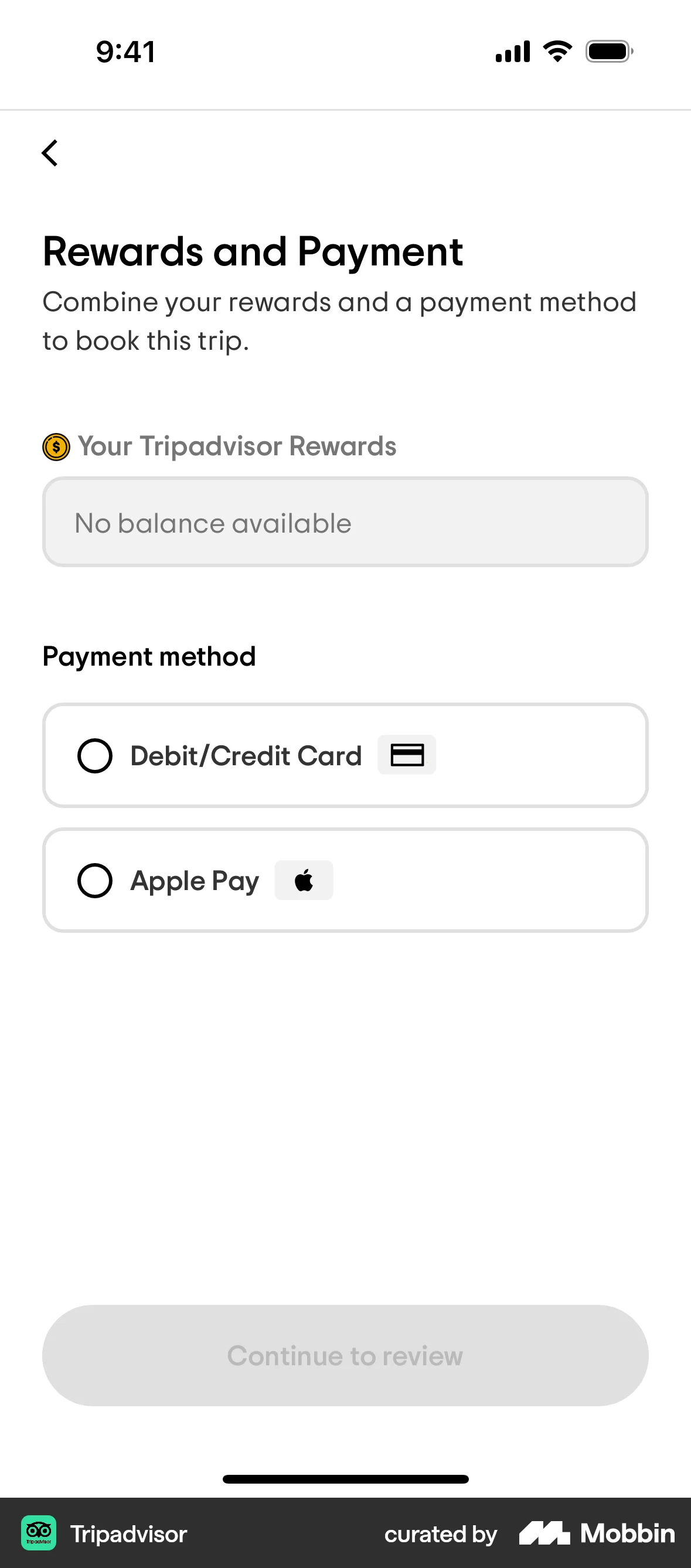 Tripadvisor iOS Payment Method screen