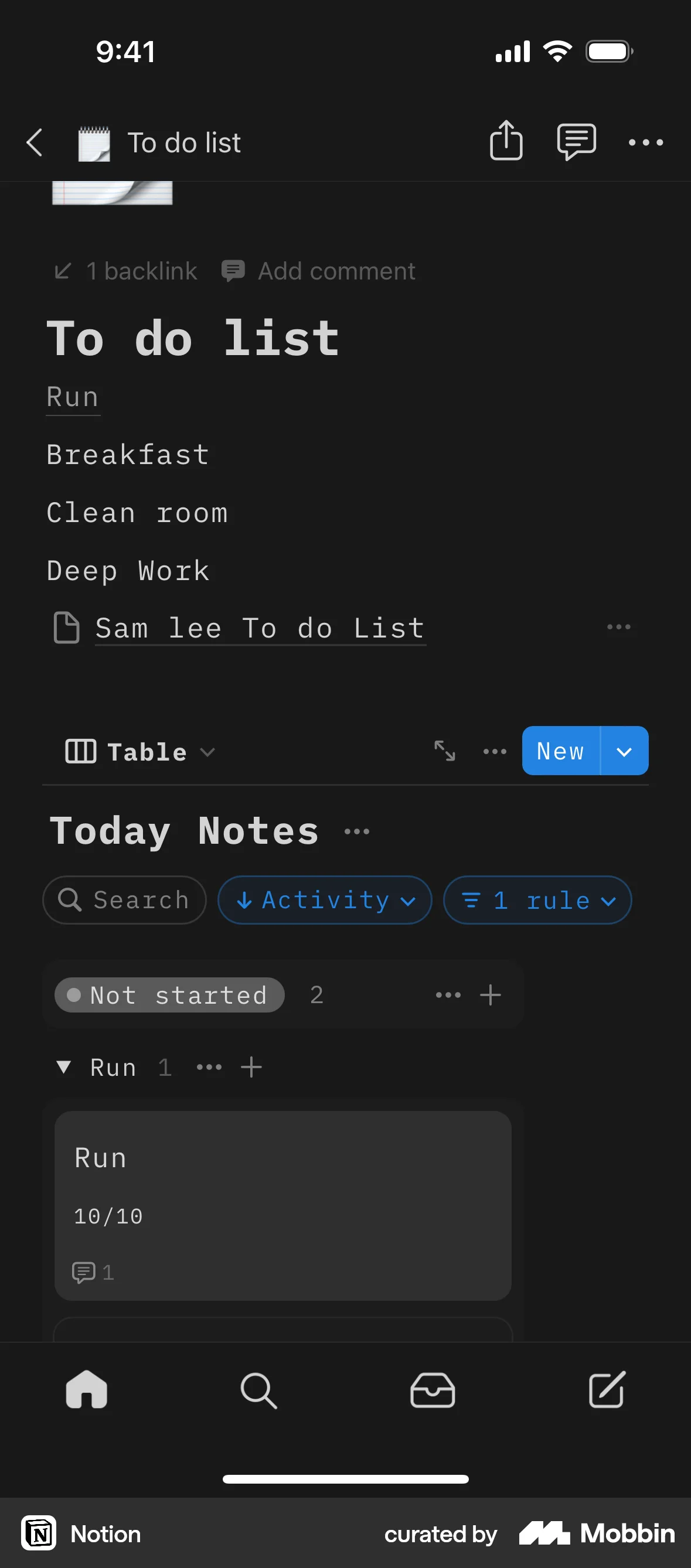 Notion iOS Dark Mode screen