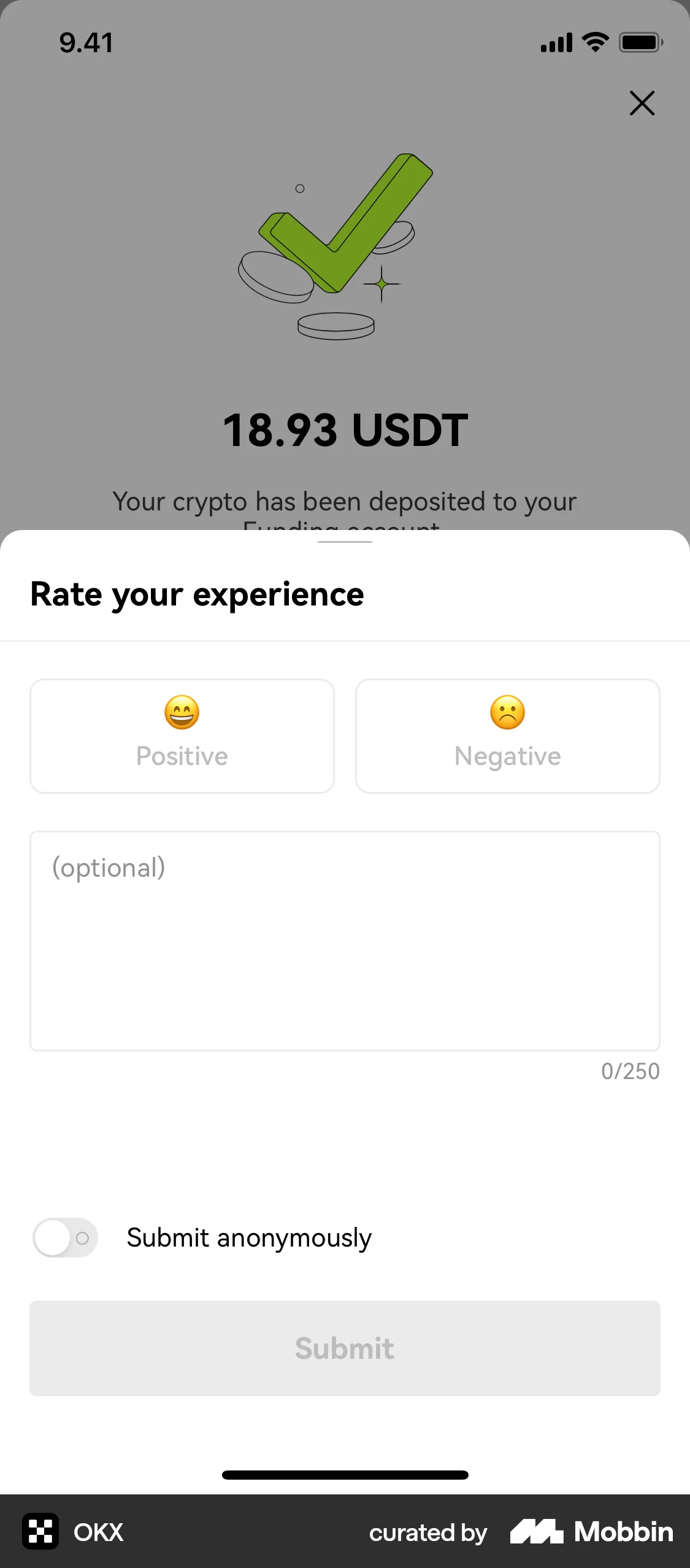 OKX iOS Feedback screen