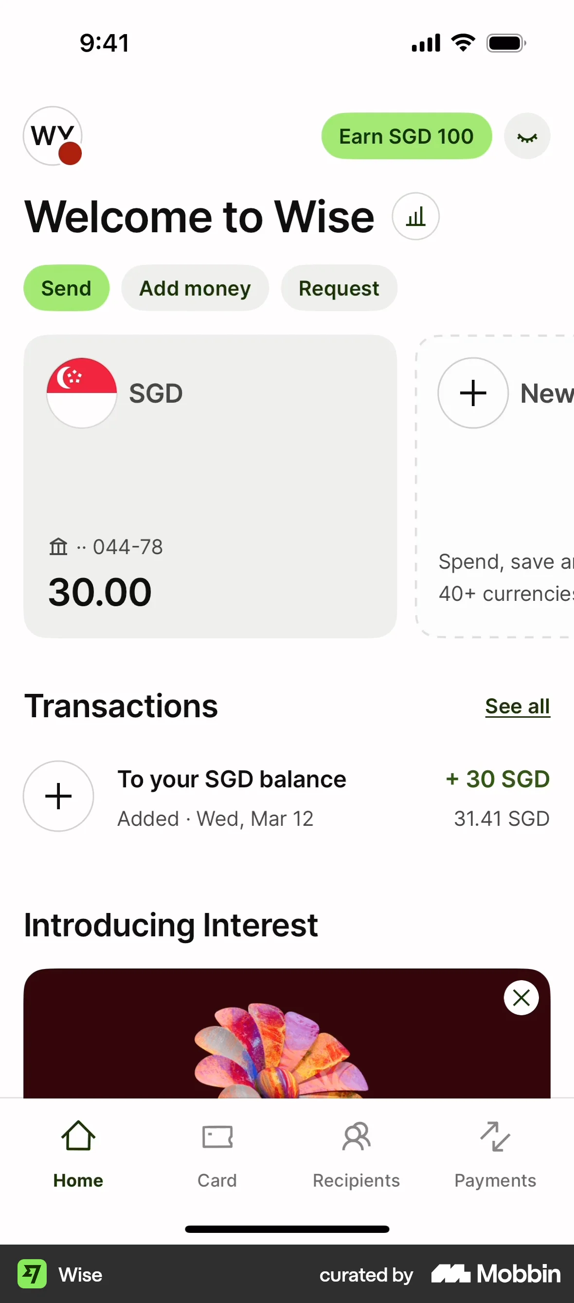 Wise iOS Bank App Design screen