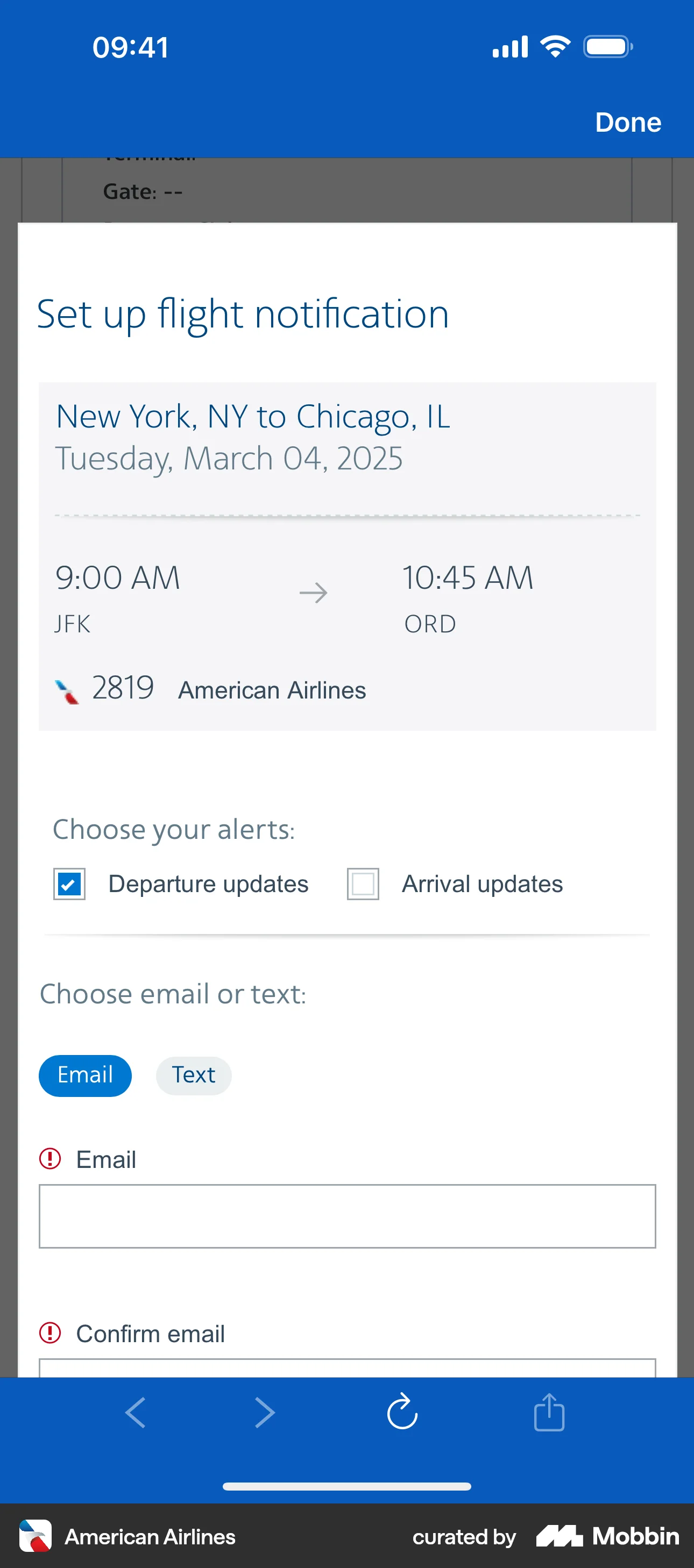 American Airlines iOS Reminder screen