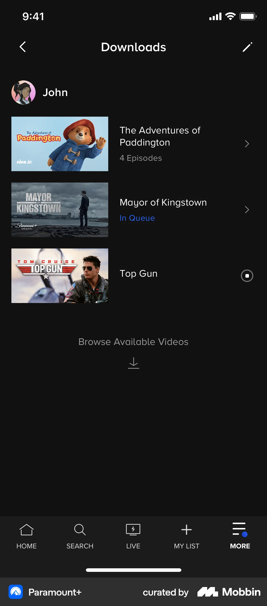 Paramount+ iOS Downloads & Available Offline screen