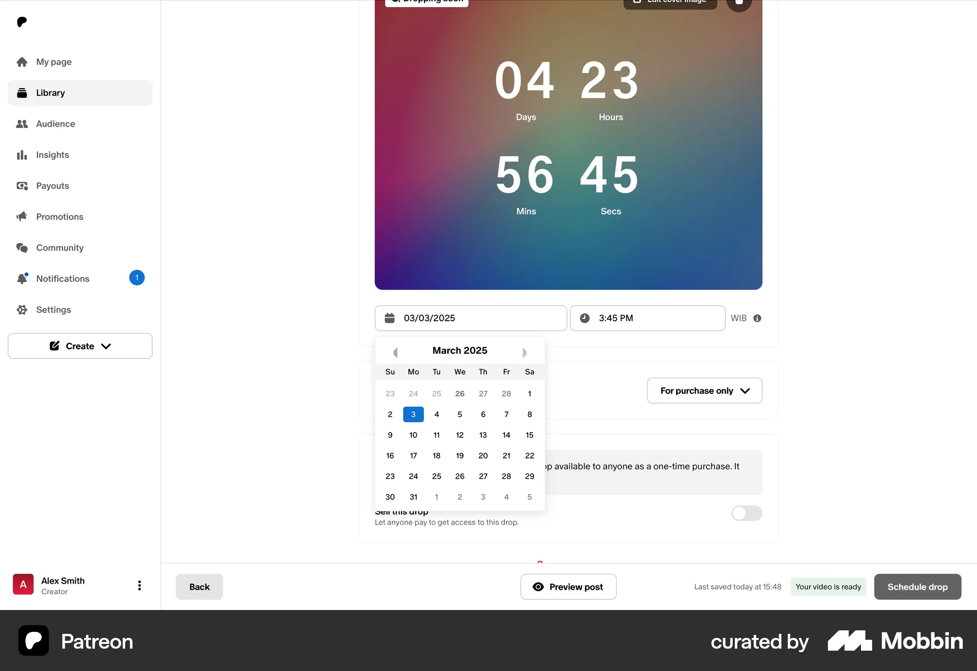 Patreon Web screen containing Date Picker UI element