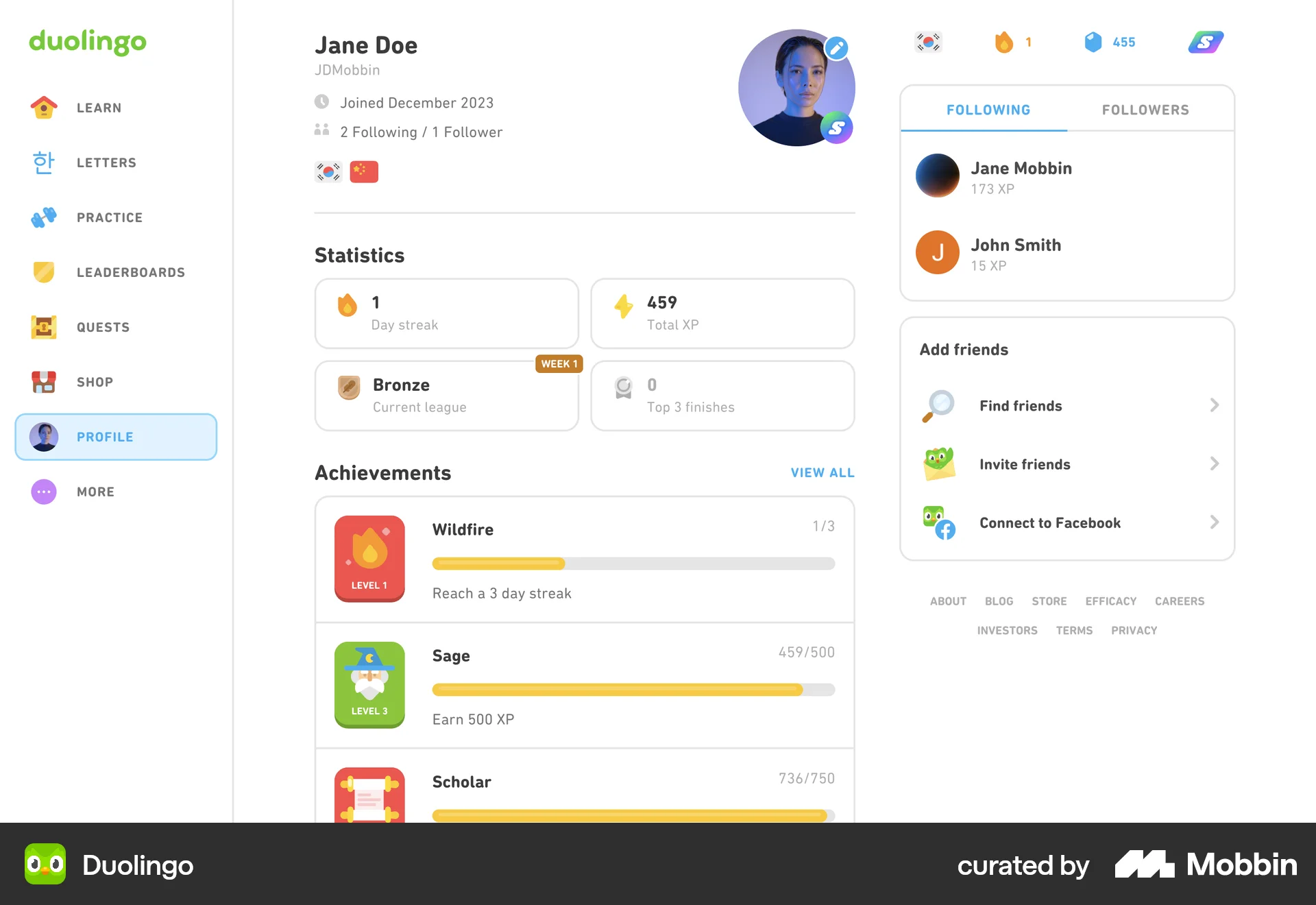 Duolingo Web Followers & Following screen