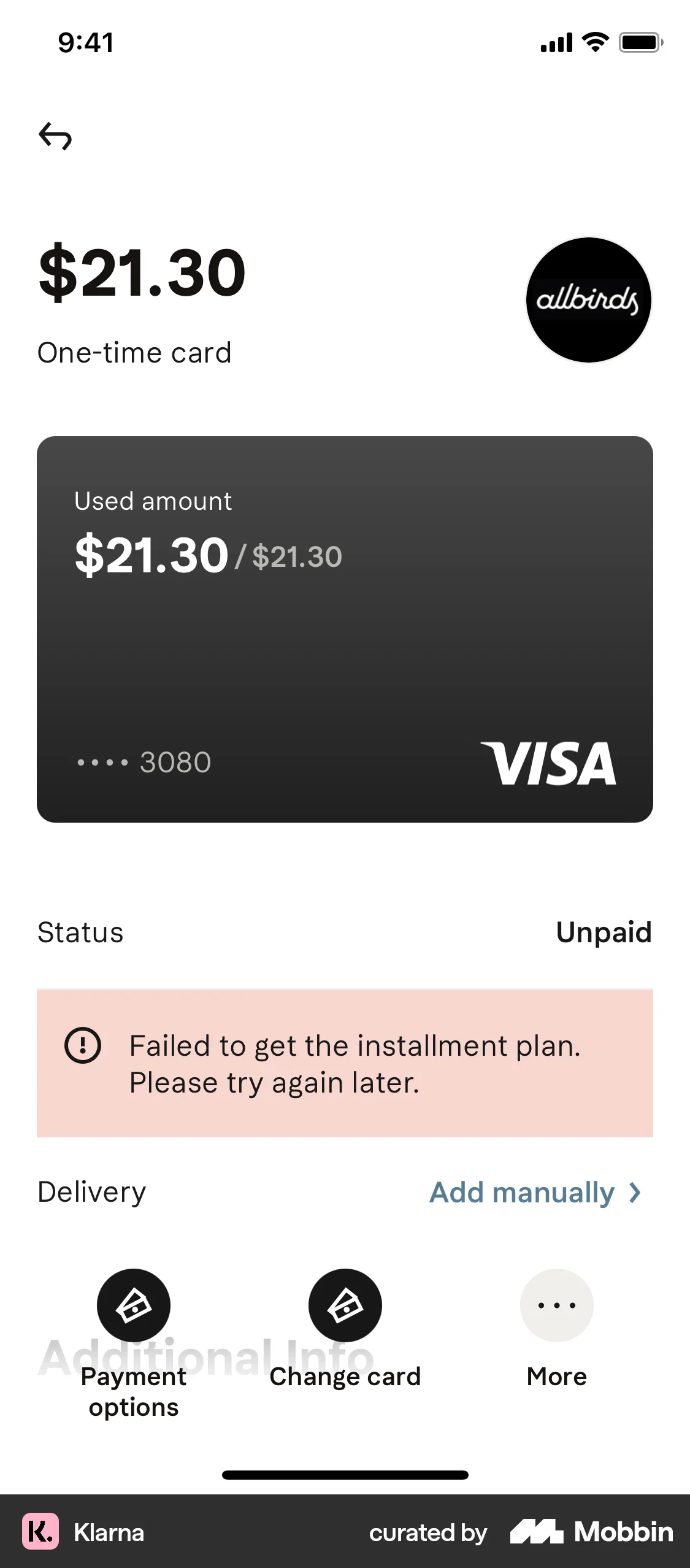 Klarna iOS Wallet & Balance screen