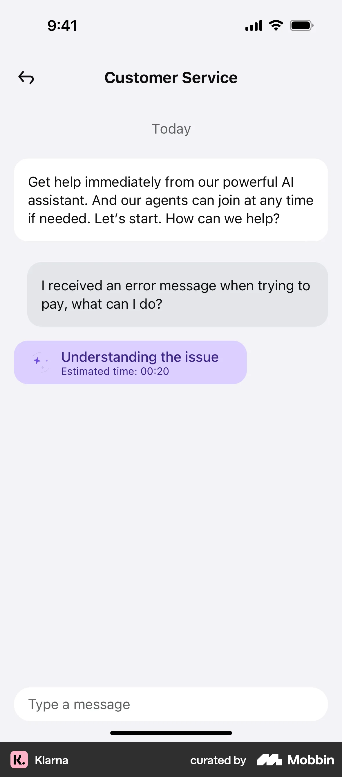 Klarna iOS Chat Detail screen