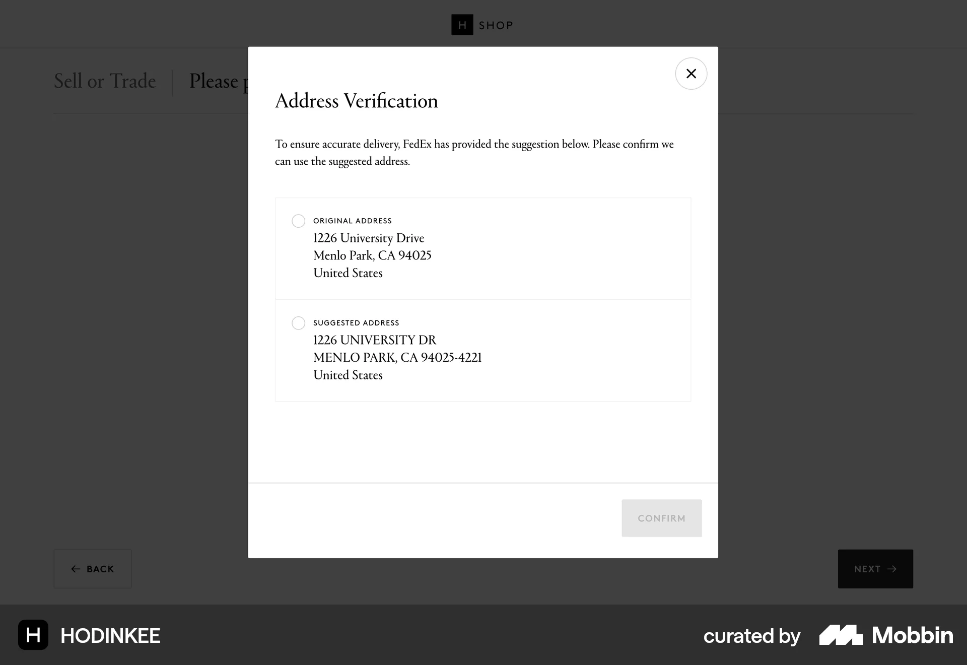 HODINKEE Web Confirmation screen