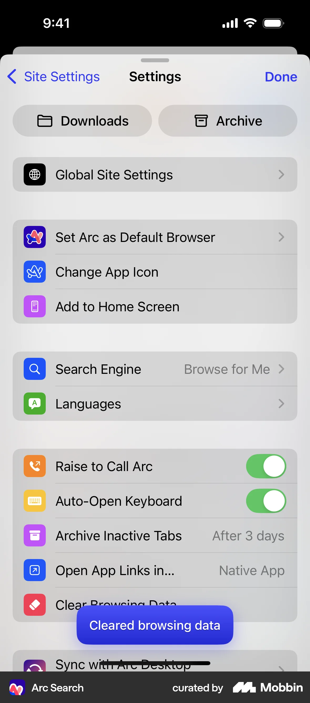 Arc Search iOS screen containing Toast UI element