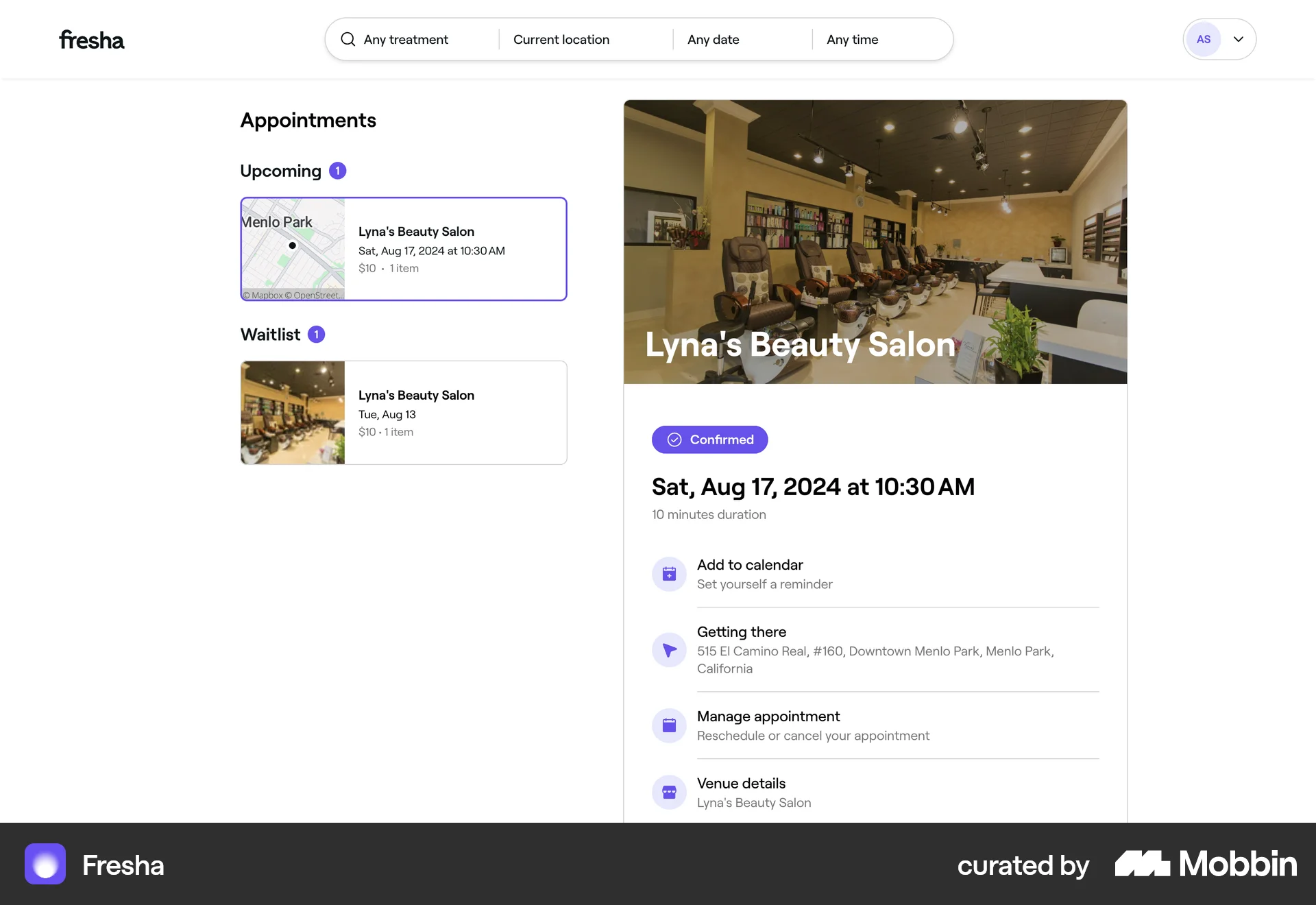 Fresha Web Order Confirmation screen