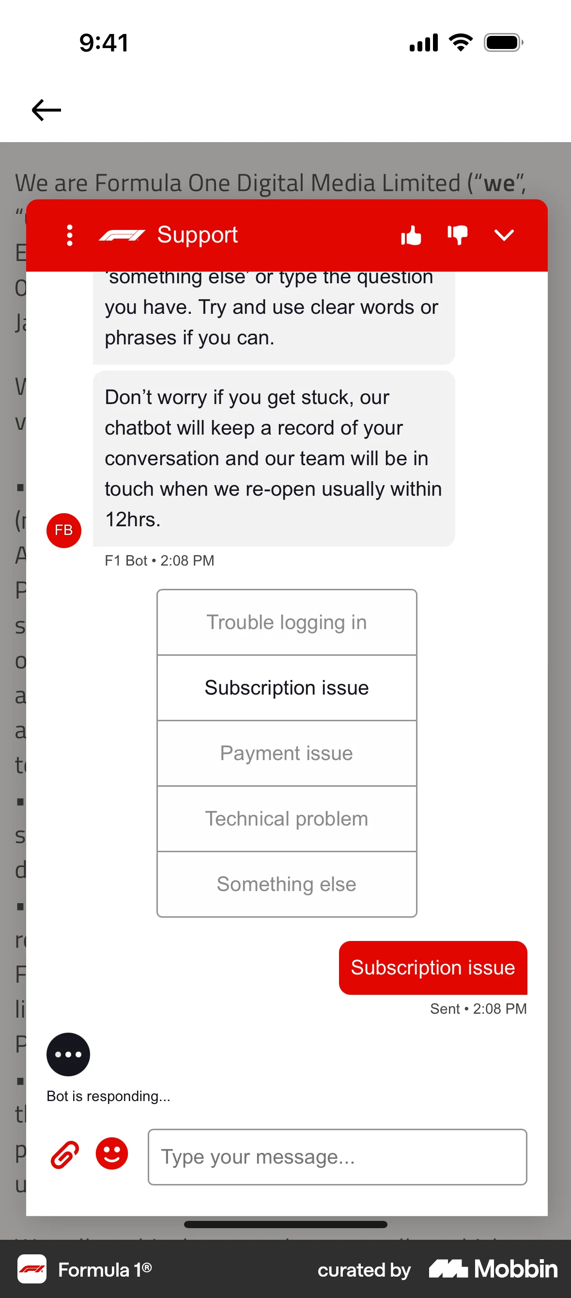 Formula 1® iOS Chat Detail screen