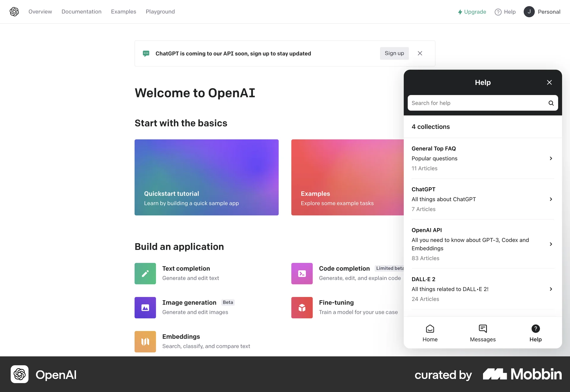 OpenAI Platform Web Help & Support screen