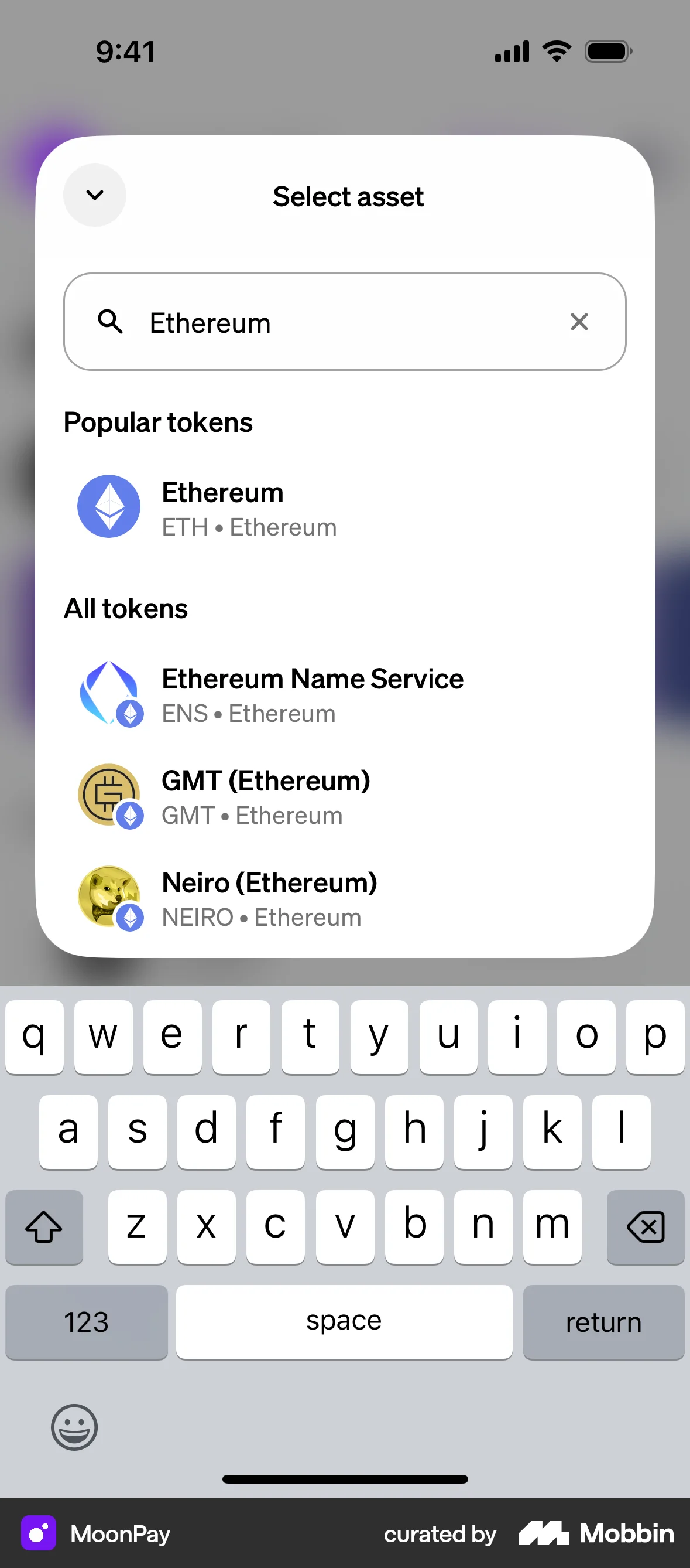 MoonPay iOS screen containing Search Bar UI element