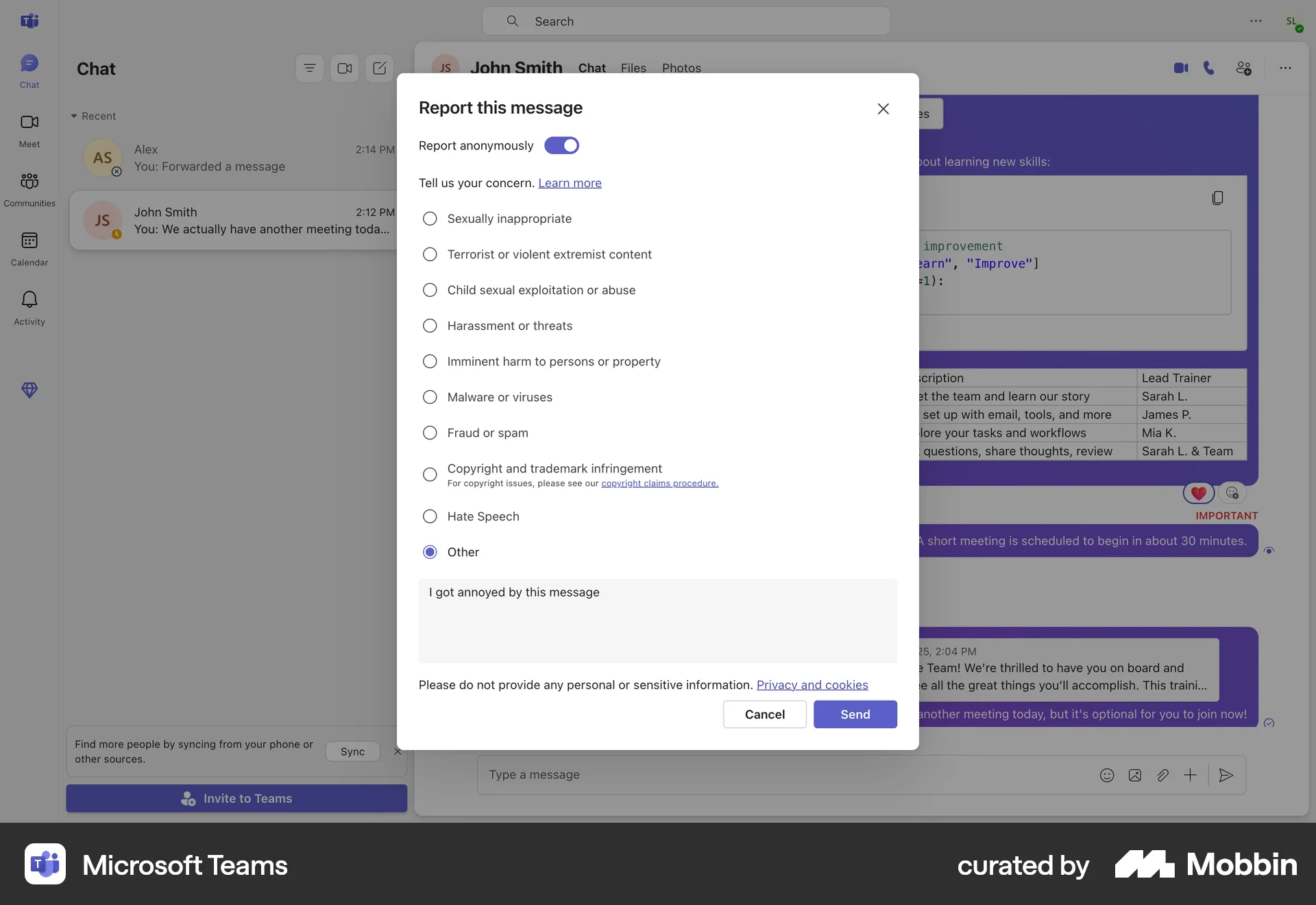 Microsoft Teams Web Flag & Report screen