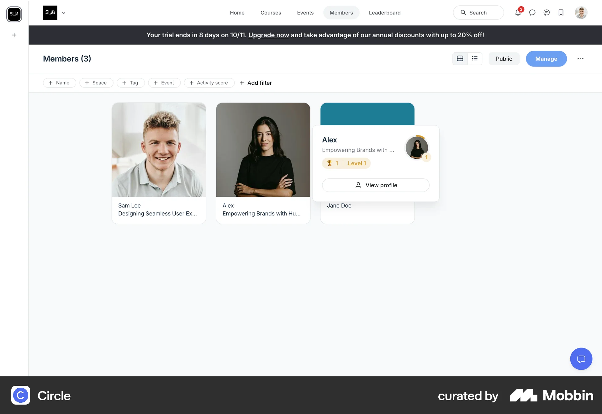 Circle Web User / Group Profile screen