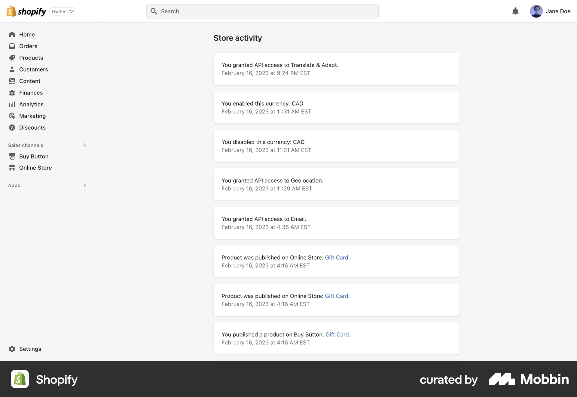 Shopify Web Notifications screen