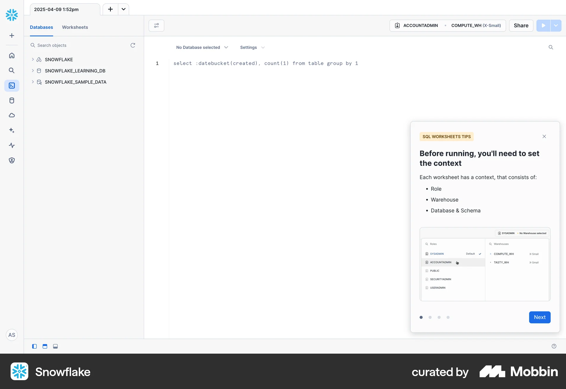 Snowflake Web screen containing Coach Marks UI element