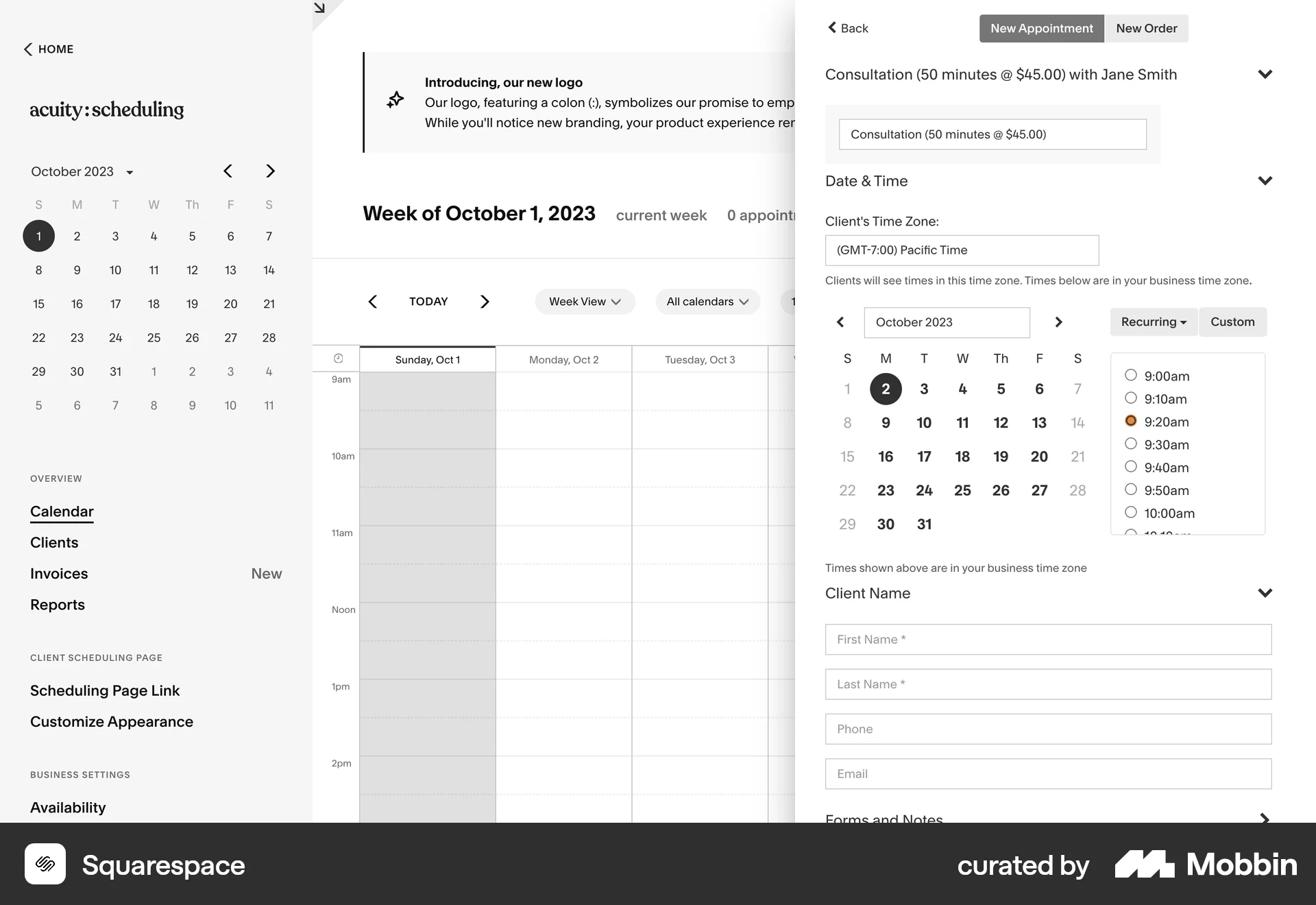Squarespace Web screen containing Time Picker UI element