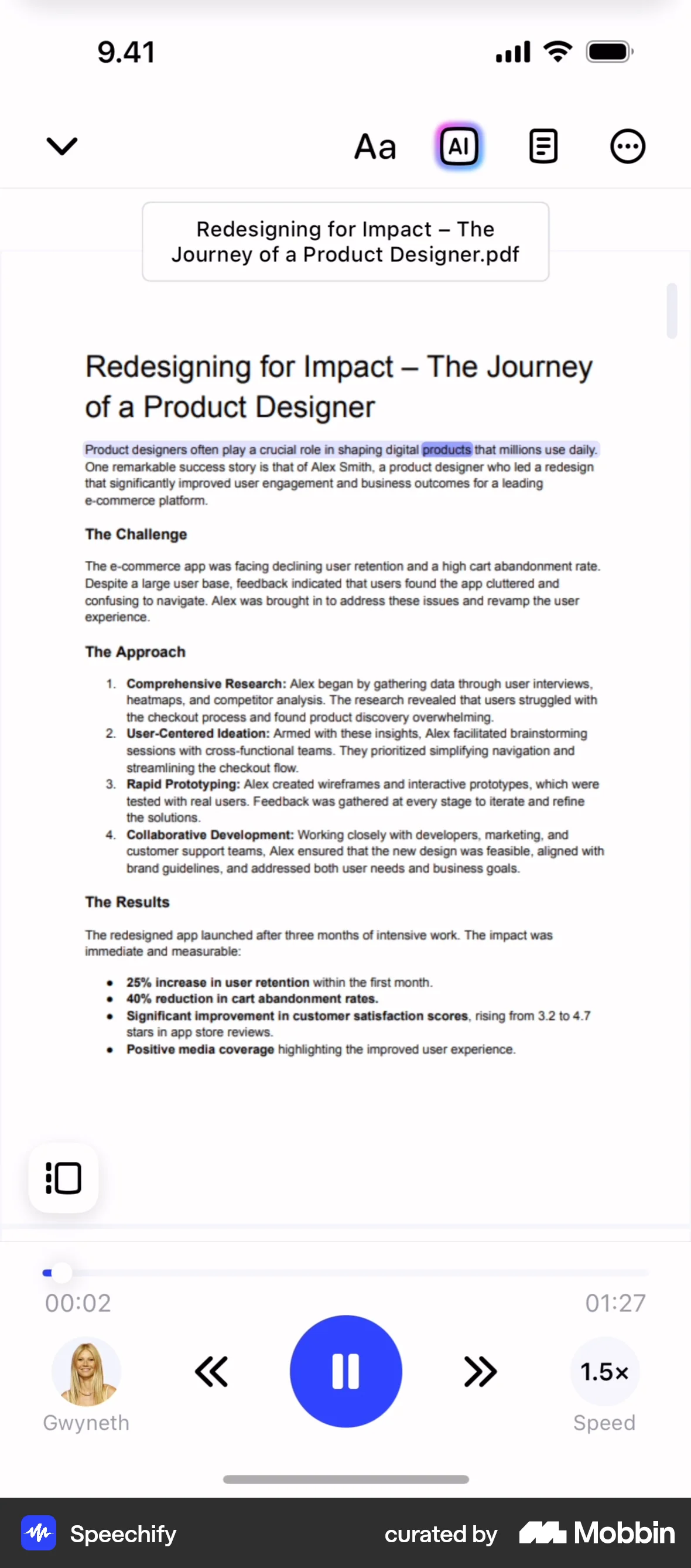 Speechify iOS Audio Player screen