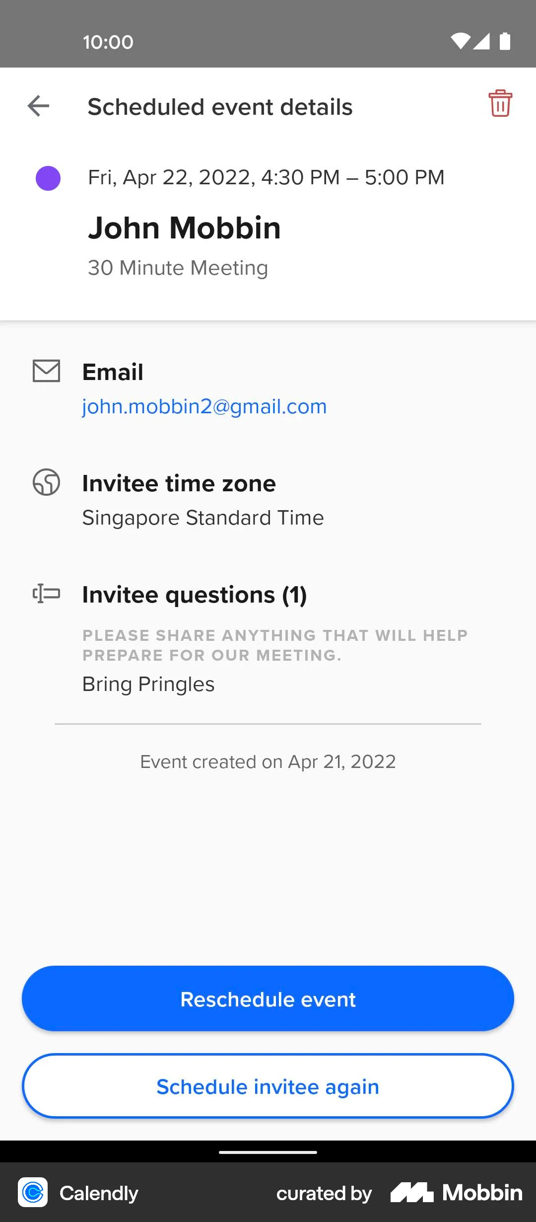 Calendly Android Event Detail screen