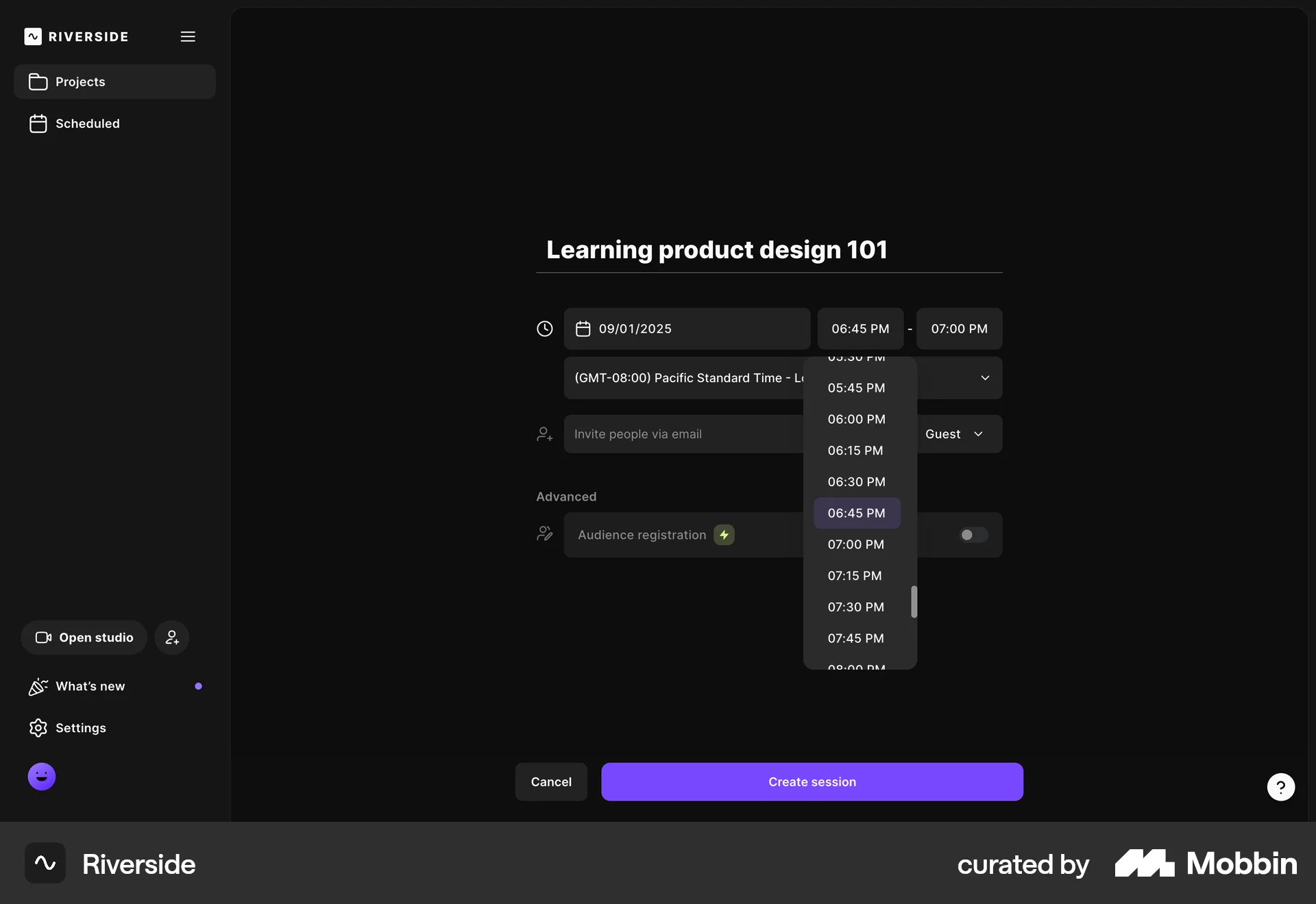 Riverside Web screen containing Time Picker UI element