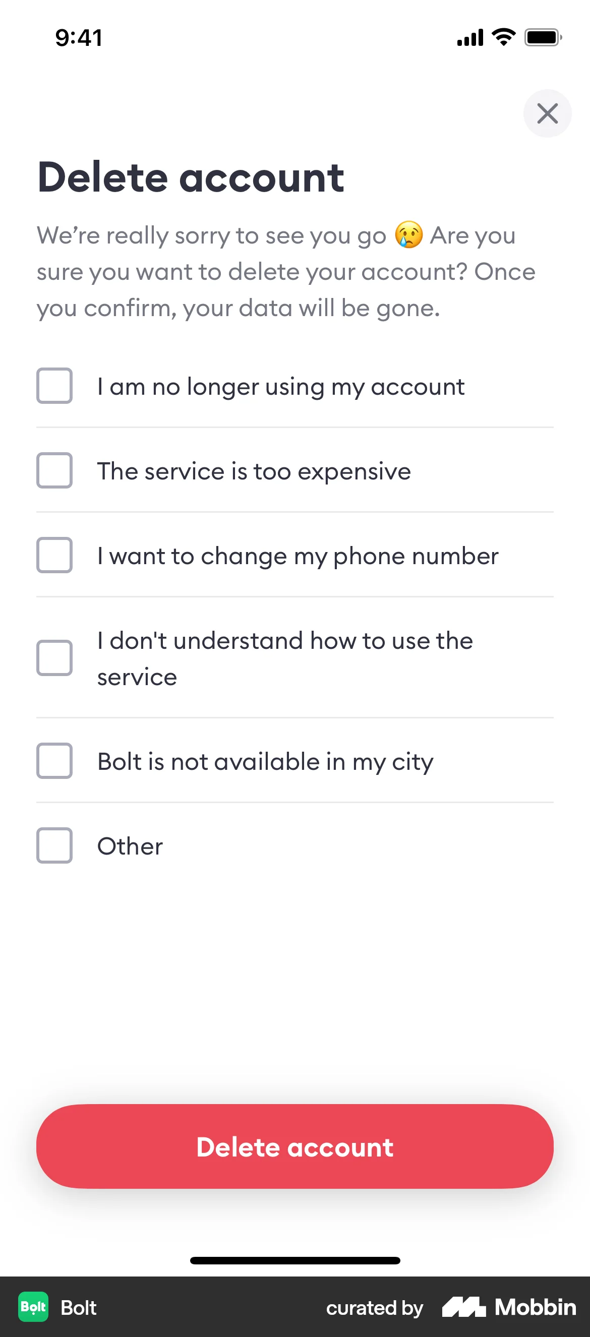 Bolt iOS Delete & Deactivate Account screen